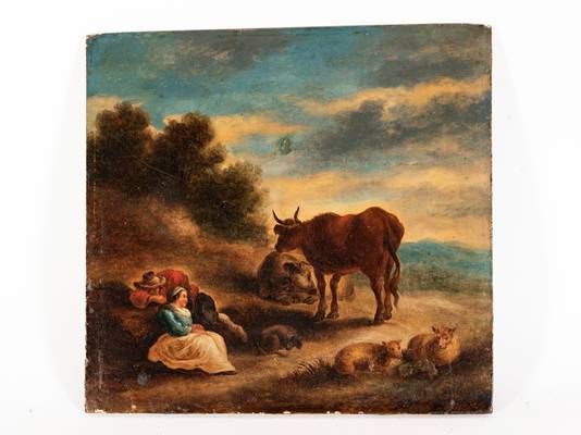 Null Ecole du XVIIIe siècle,
Bergers endormis, 
peinture sur panneau de bois, 24&hellip;