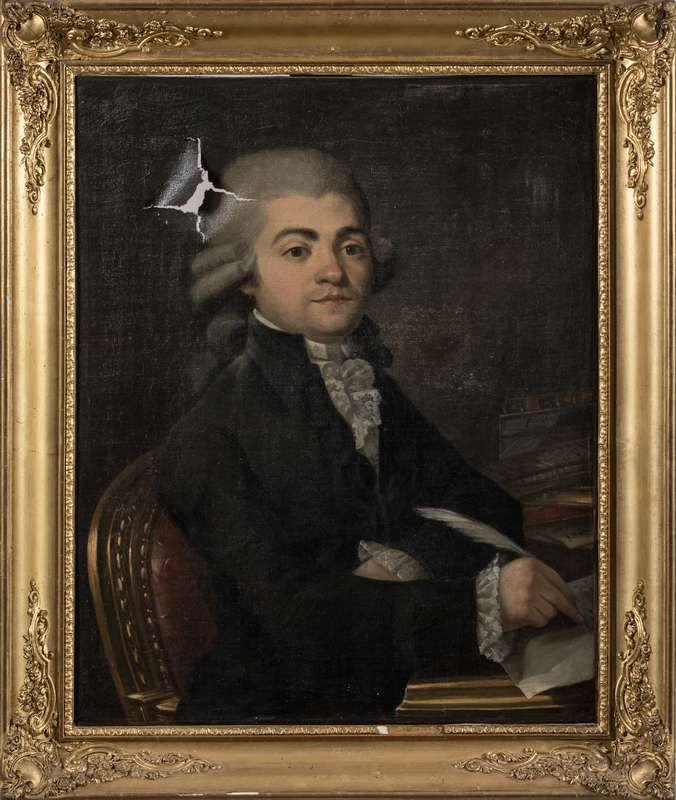 Null 18世纪的法国学校、 
一个人的肖像写作、 
布面油画（已损坏）
高：73厘米；宽：59厘米