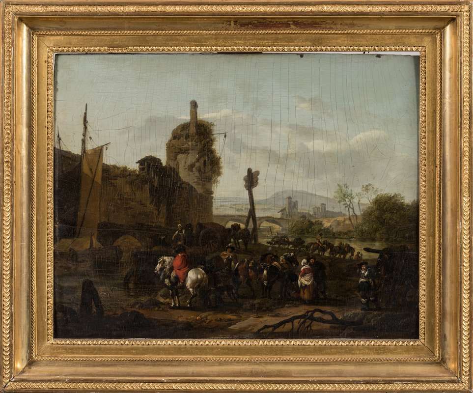 Null 克劳德-米歇尔-哈蒙（DuPLESSIS）（约1791-1799年活跃在凡尔赛）、
士兵们的回归、
胡桃木板，一块木板，有线，44 x 58厘米。 
&hellip;