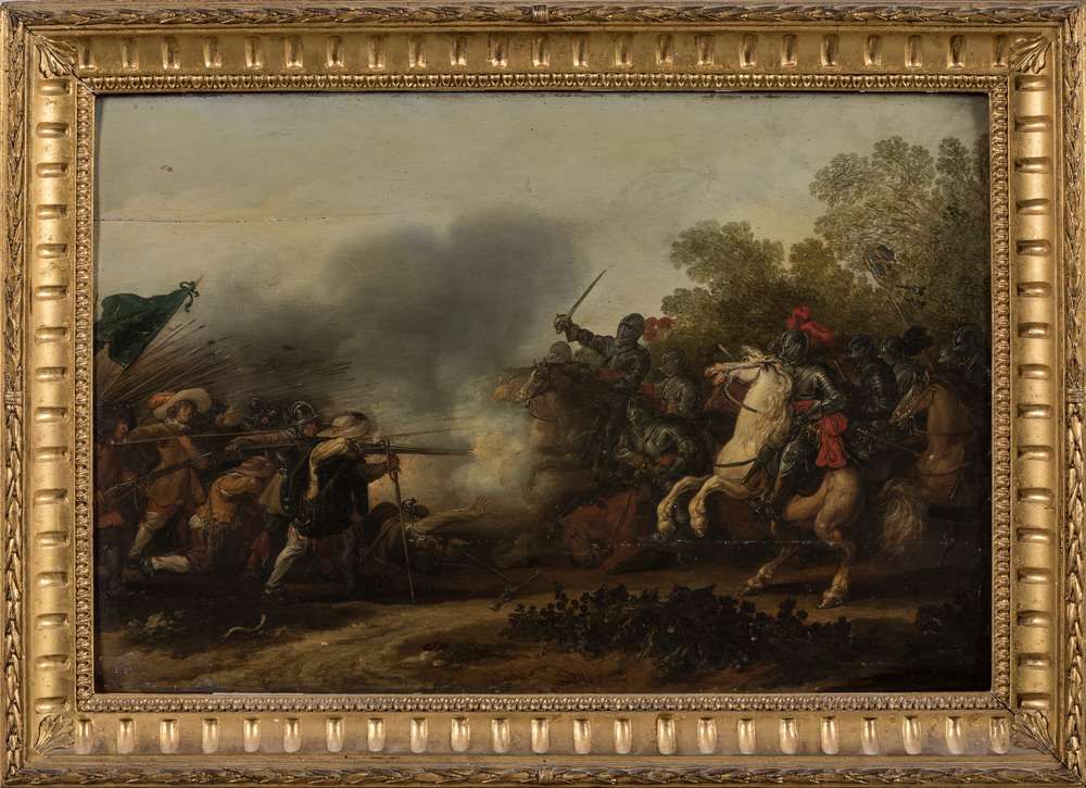 Null MARTENSZ de JONGHE Jan (1609 - 1647). 
Charge of cavalry,
Oak panel, two bo&hellip;