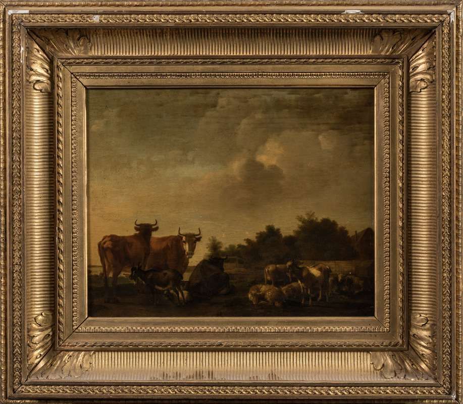 Null 17世纪的荷兰画派、 
牛、 
Hsp, 31 x 59 cm. 
鎏金木槽框上有棕榈花纹，背面有蜡印。