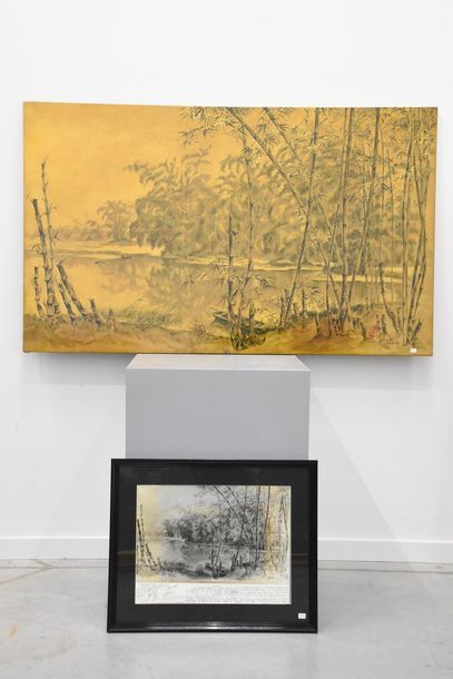 Null Peinture laque sur fond or "Paysage vietnamien aux bambous" signée Tran Duy&hellip;