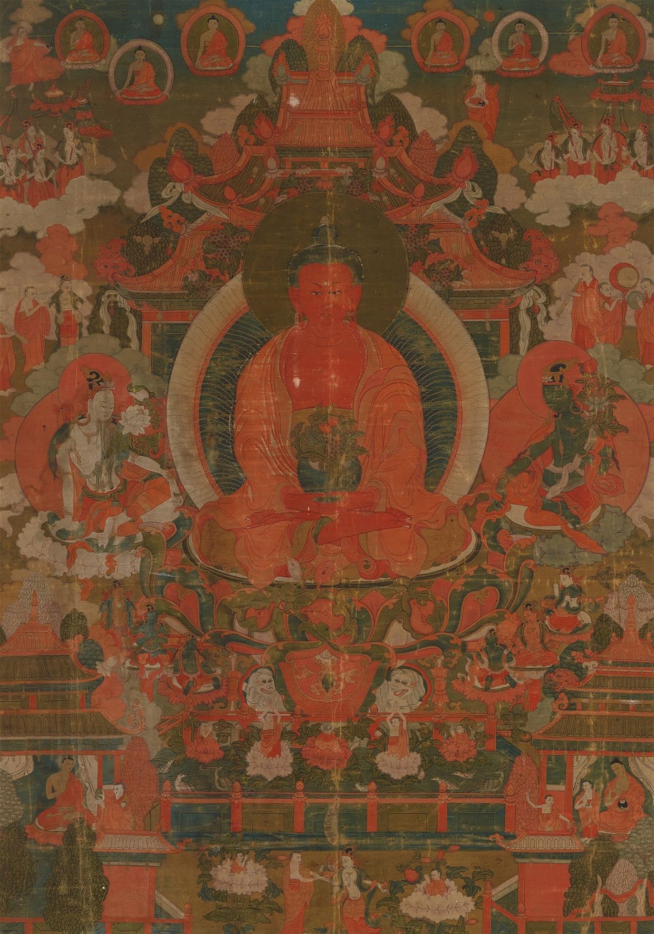 Null 阿弥陀佛的唐卡。西藏。19世纪。



阿弥陀佛坐在西方极乐世界苏卡瓦蒂金顶寺庙前的狮子宝座上，两侧是观音菩萨、金刚手菩萨和天乐师，在寺庙前的池塘里，&hellip;