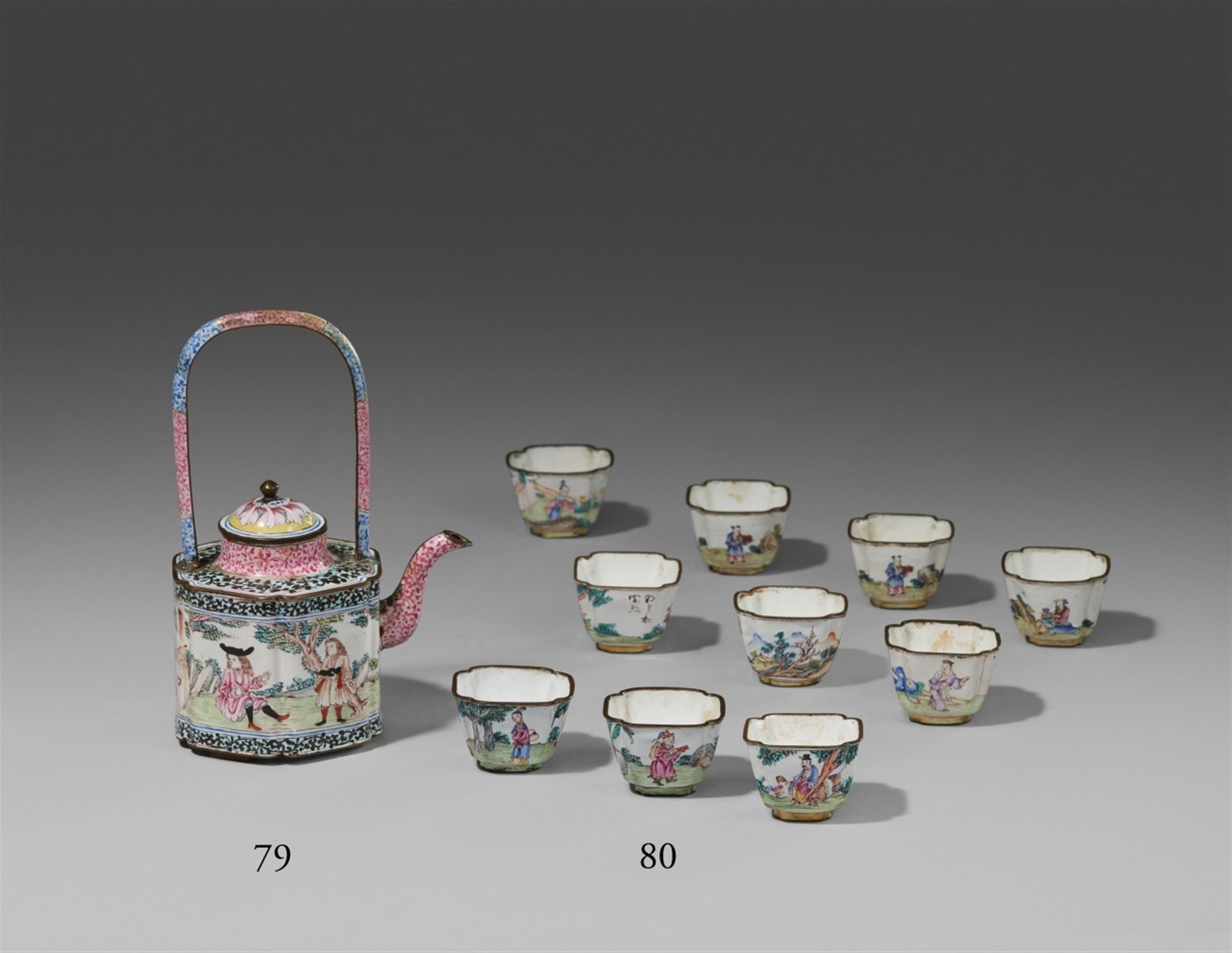 Null Ten painted enamel small square ceremonial wine cups. Canton. 18th century
&hellip;