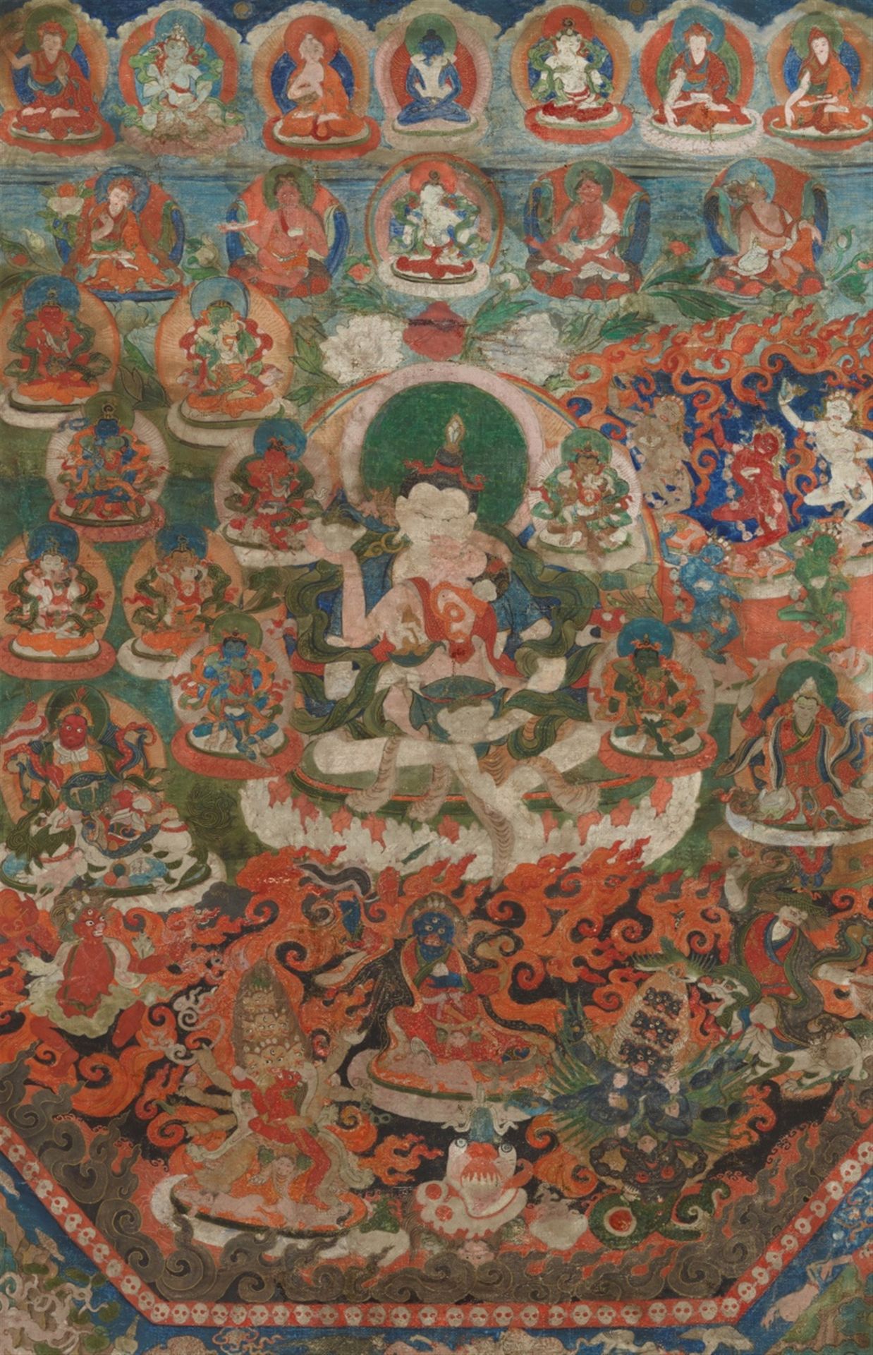 Null 萨曼塔布达拉的唐卡在雅鲁藏布江。西藏，18/19世纪



画面的上半部分是无数和平的佛、菩萨、学者和达基尼斯，下半部分是愤怒的中阴身神，他们在信奉的&hellip;