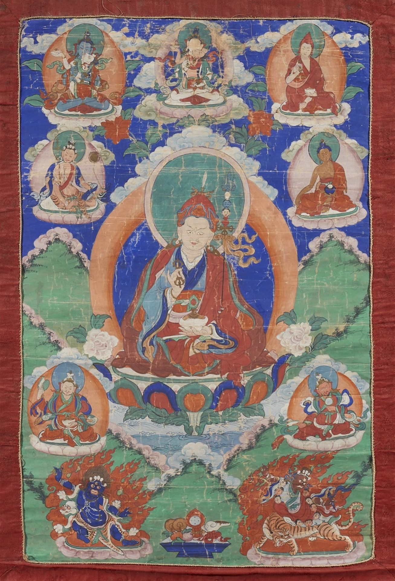 Null 莲花生大士的唐卡。西藏。19/20世纪。



Padmasambhava作为Guru Rinpoche坐在一朵莲花上，周围都是他自己的化身，例如左上&hellip;