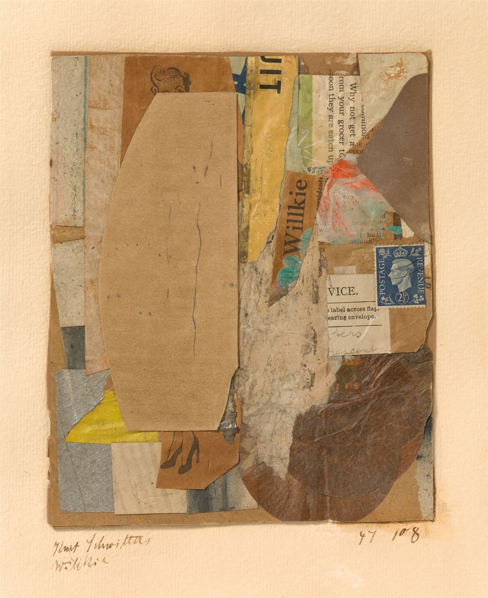 Kurt Schwitters 库尔特-施维特斯



47 108 威尔基

1947



拼贴画。彩色，银色纸面，原装在背板上。17,6 x 14,2厘米&hellip;