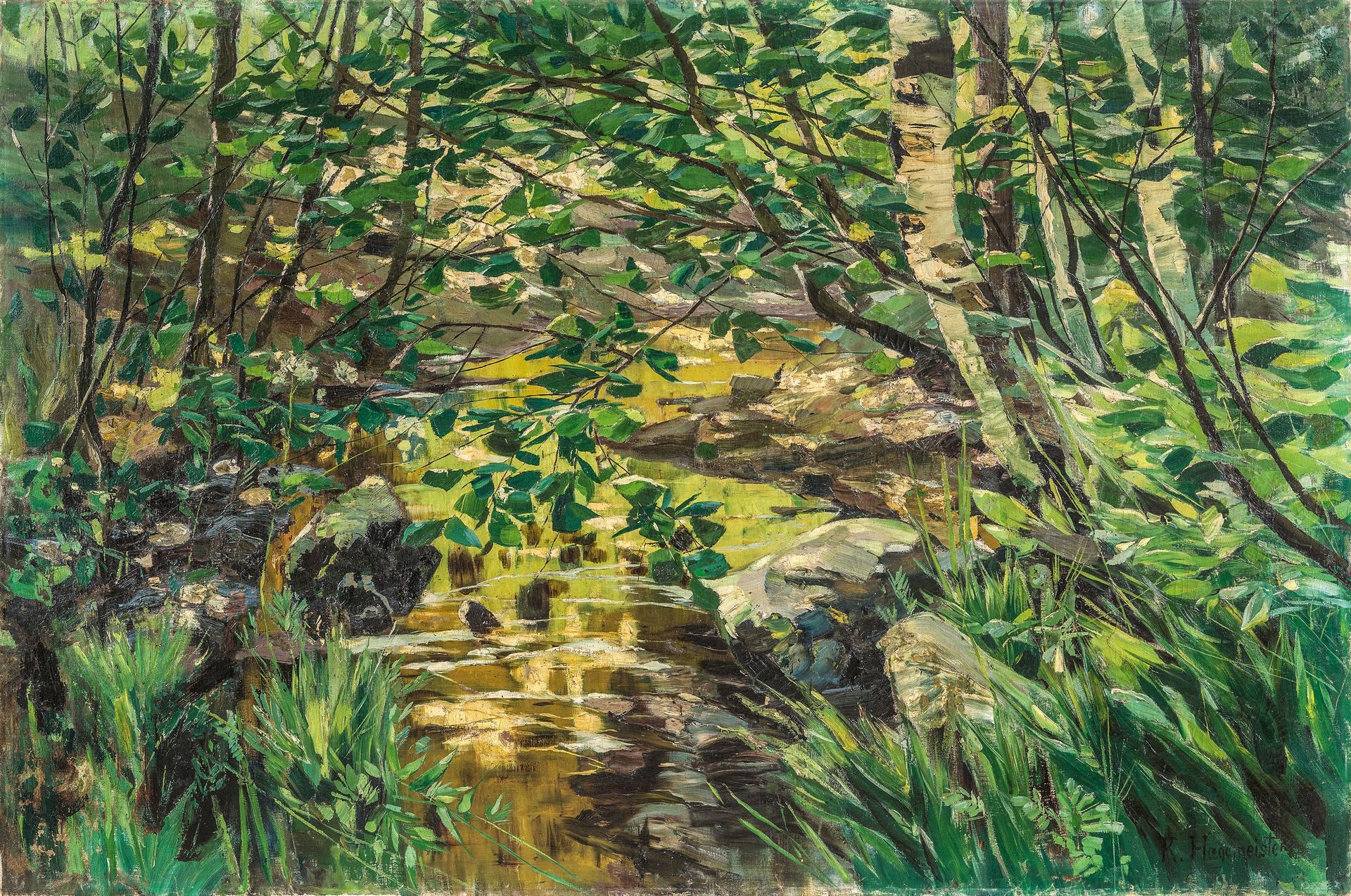 Karl Hagemeister Karl Hagemeister



有白桦树和桤木的溪流



布面油画。120 x 180厘米。有框。右下方有黑色签名 &hellip;