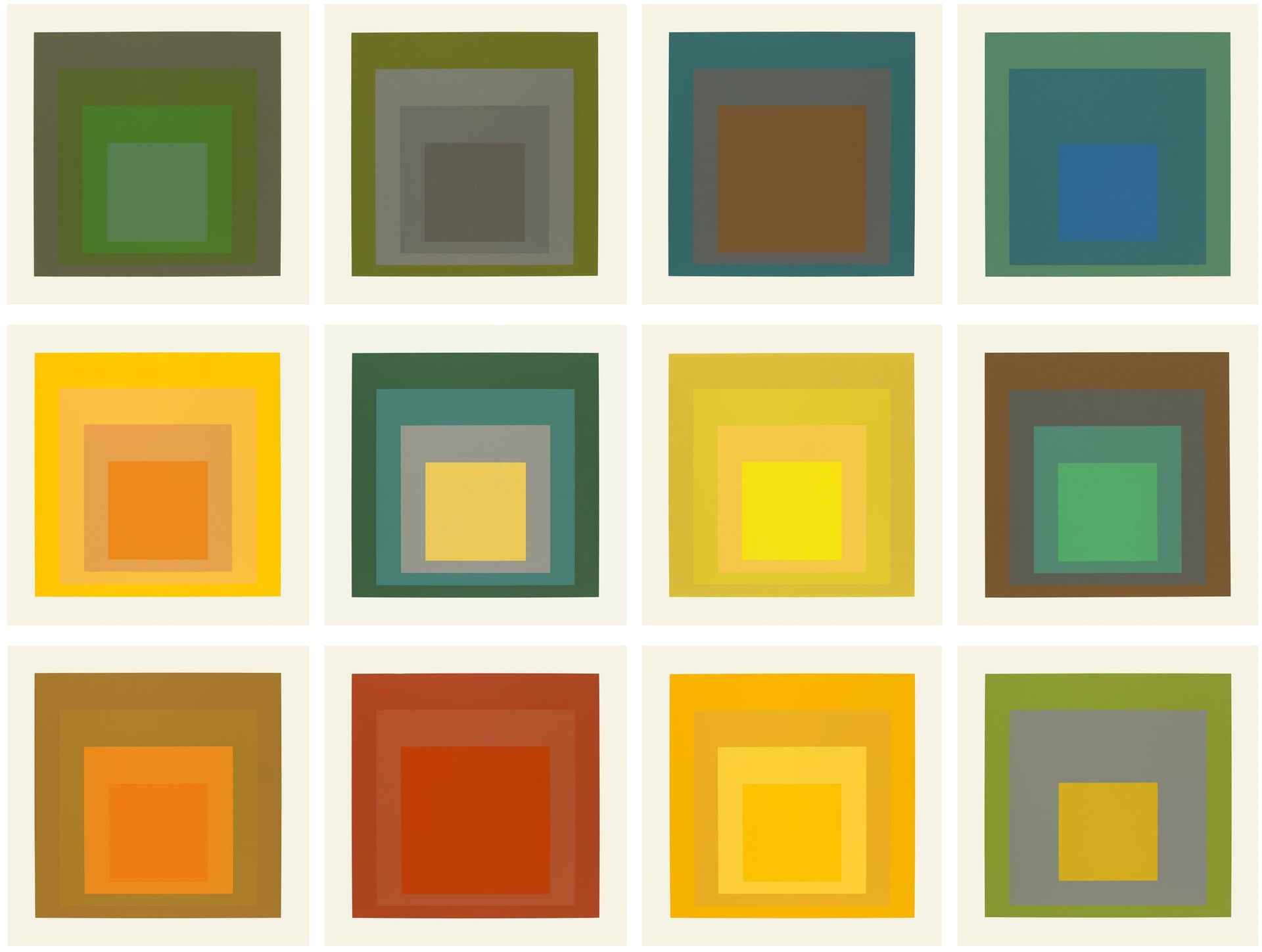 Josef Albers 约瑟夫-阿尔贝斯



SP（向广场致敬）

1967



12张彩色绢印纸板，每张61.5 x 61.5厘米。每件作品都有图案、日&hellip;