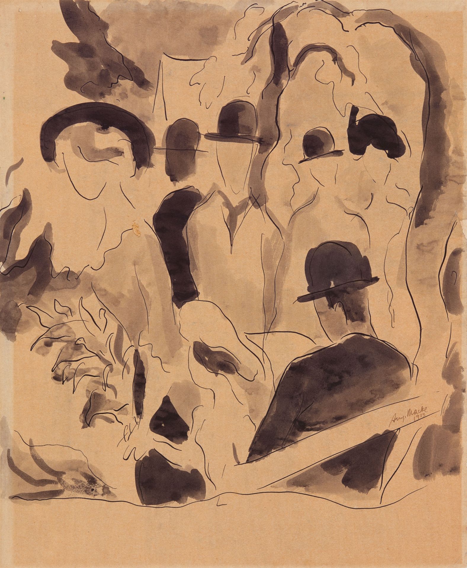 August Macke 奥古斯特-麦柯



在长廊上

1913



墨水笔和毛笔画在详细的纸上，装在纸板上。32,7 x 26,8厘米。在玻璃下装裱。右&hellip;