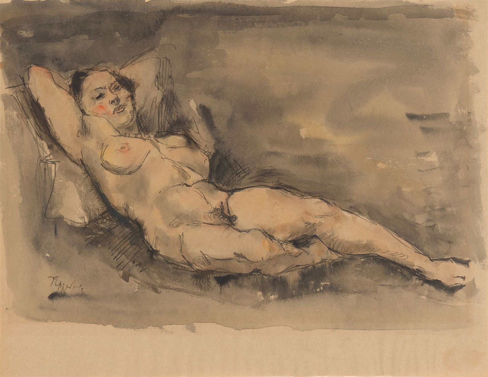 Georg Tappert Georg Tappert







躺着的女性裸体







浅棕色手工纸上的水彩和墨笔。24,2 x 31,5厘米。左下&hellip;