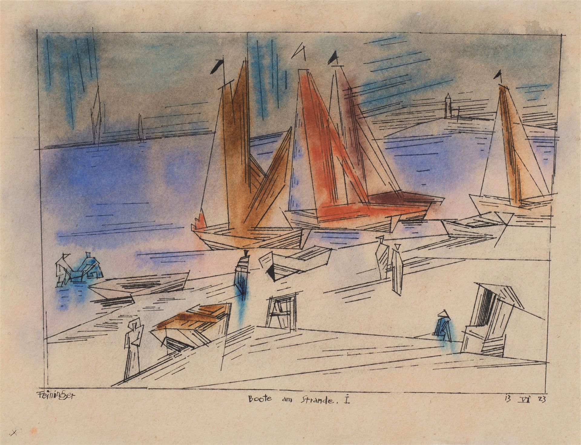 Lyonel Feininger Lyonel Feininger

海滩上的船I
1923

墨水笔画，粉彩和水彩在纤维质铺装纸上。27.9 x 37.6厘米&hellip;