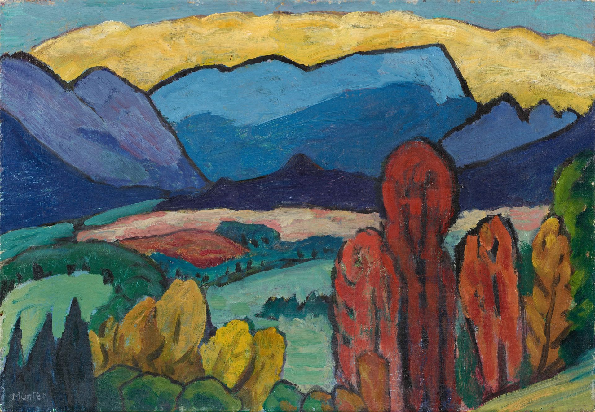 Gabriele Münter Gabriele Münter

有黄云的山景
1934

布面油画。38,5 x 55,3厘米。已装裱。左下角有灰色签名 "M&hellip;
