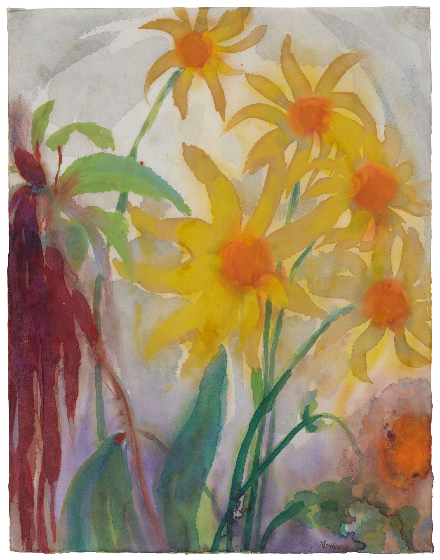 Emil Nolde 埃米尔-诺尔德

向日葵和狐狸尾巴
1940年左右

日本纸上的水彩画。47.3 x 36.5厘米。在玻璃下装裱。右下方有墨水签名 "No&hellip;