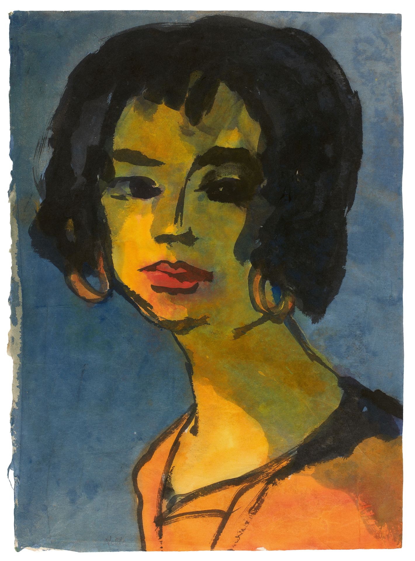 Emil Nolde 埃米尔-诺尔德

一个年轻女人的肖像（带耳环）
1921

日本高级手工纸上的水彩画。47,4 x 34,5厘米。在玻璃下装裱。左下方有铅&hellip;