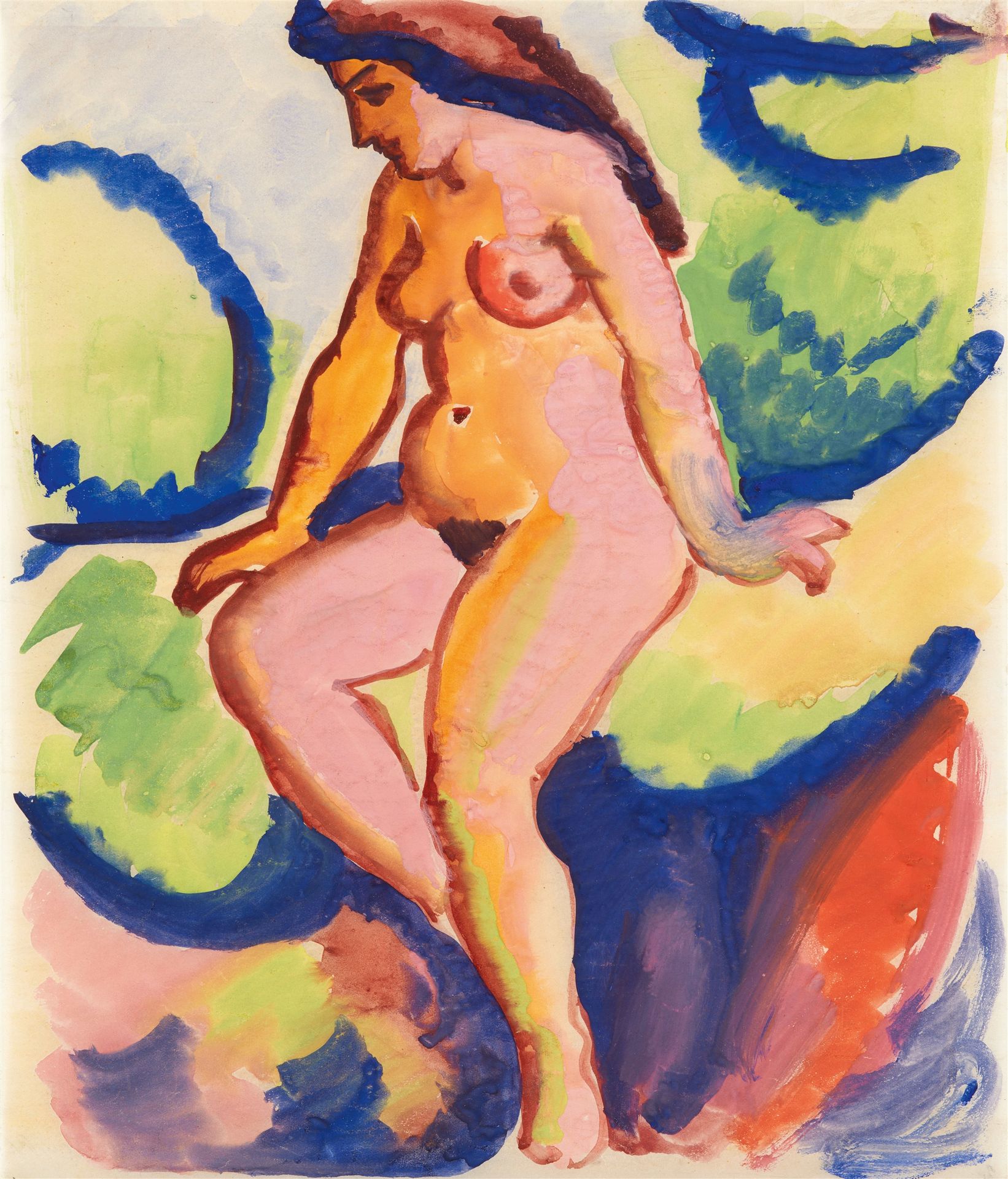 August Macke 奥古斯特-麦柯

裸体坐姿II
1912

白色描图纸上的水彩和水粉画。32 x 27厘米。在玻璃下装框。背面右下方盖有褪色的遗产印章&hellip;