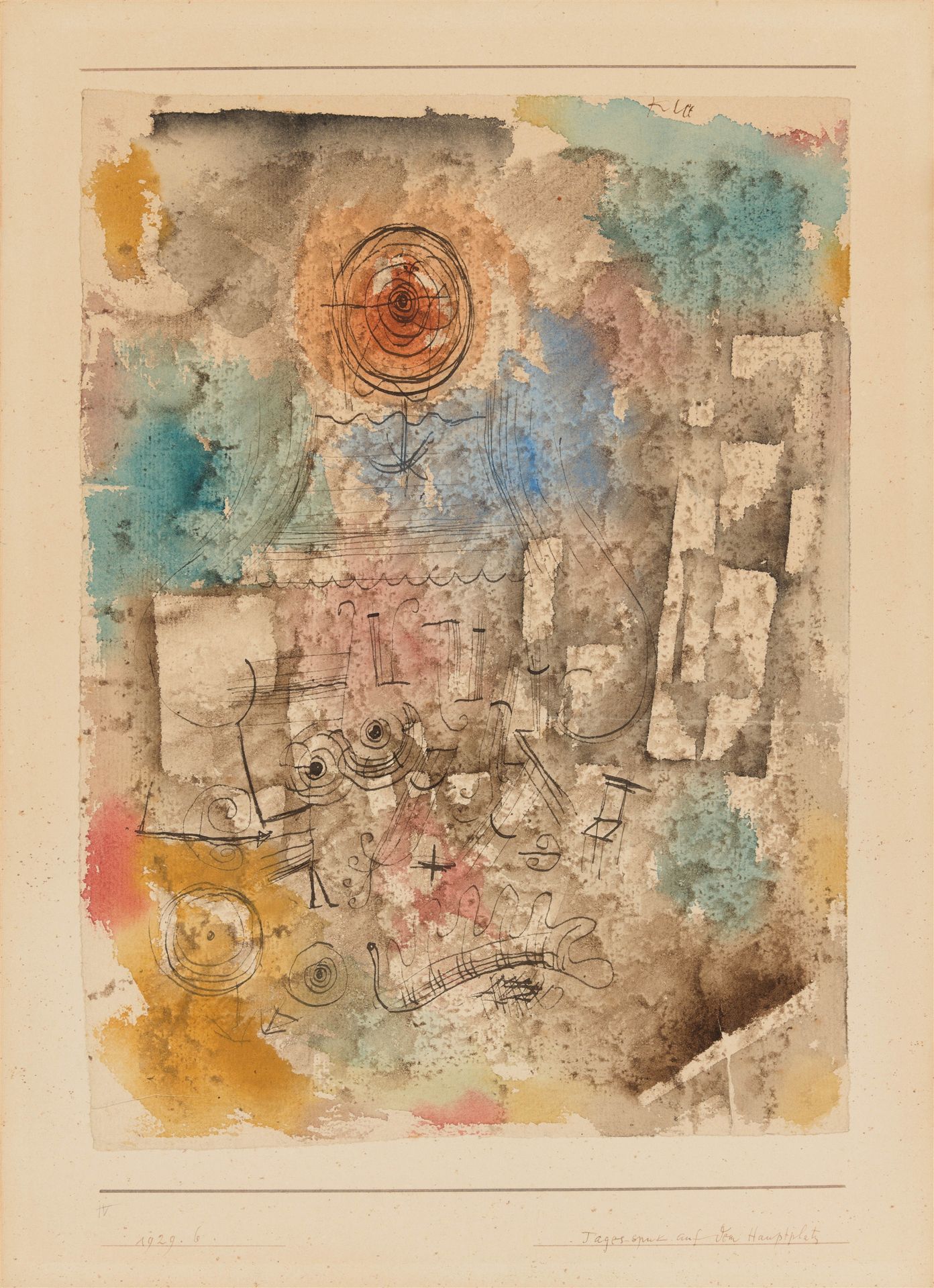 Paul Klee 保罗-克利

白天在主广场上闹鬼
1929

手工纸上的水彩和钢笔水墨画，安装在纸板上。水彩画30.7/31.5 x 22.2/22.8厘米&hellip;