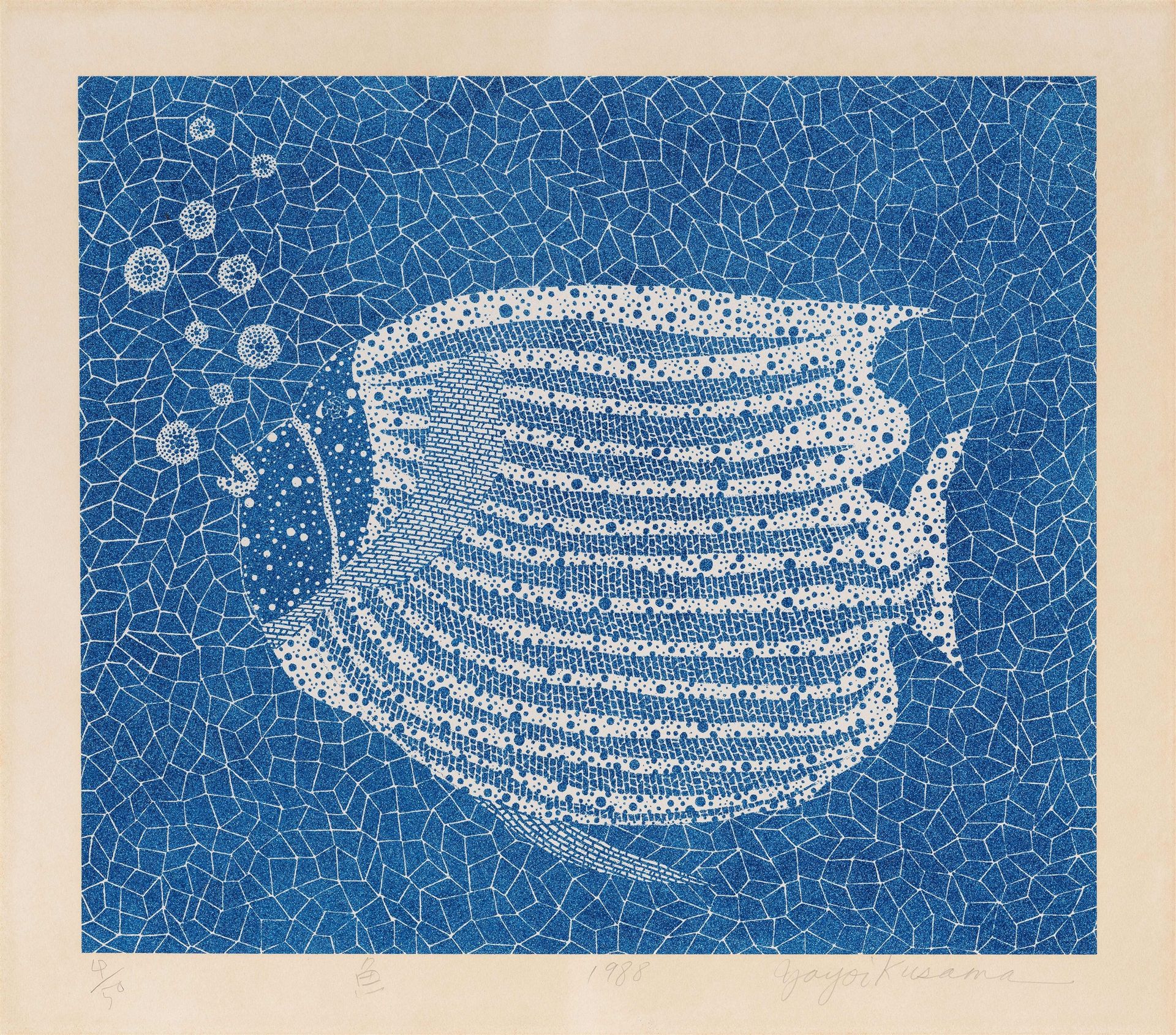 Yayoi Kusama Yayoi Kusama

Fish
1988

Serigraph and lamé on cardboard 53.5 x 63.&hellip;