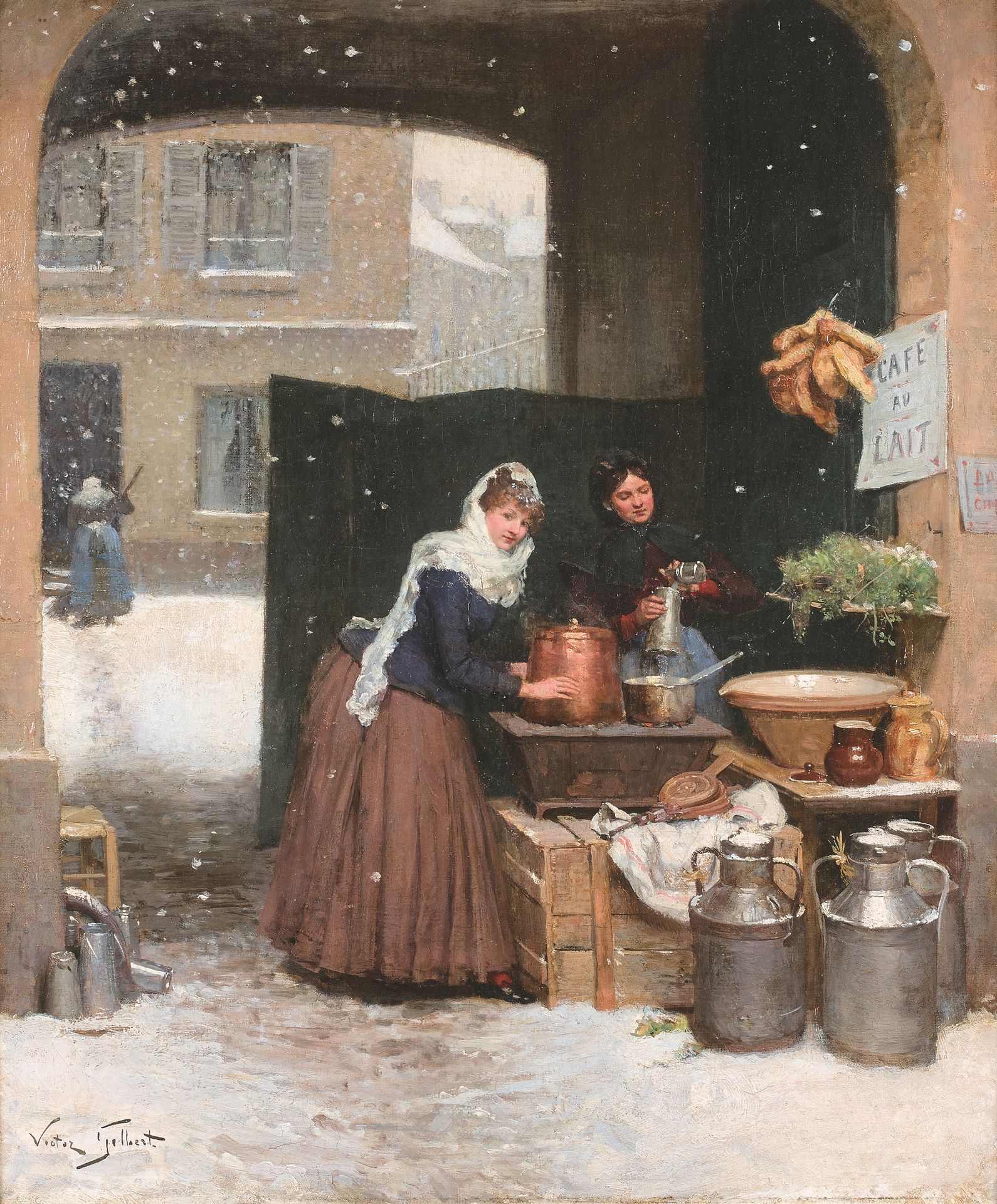Null 维克托-加布里埃尔-吉尔伯特(1847-1935)

雪中的巴黎，喝咖啡的人

布面油画，左下方有签名。

56,5 x 46,5厘米。

重要的巴比&hellip;
