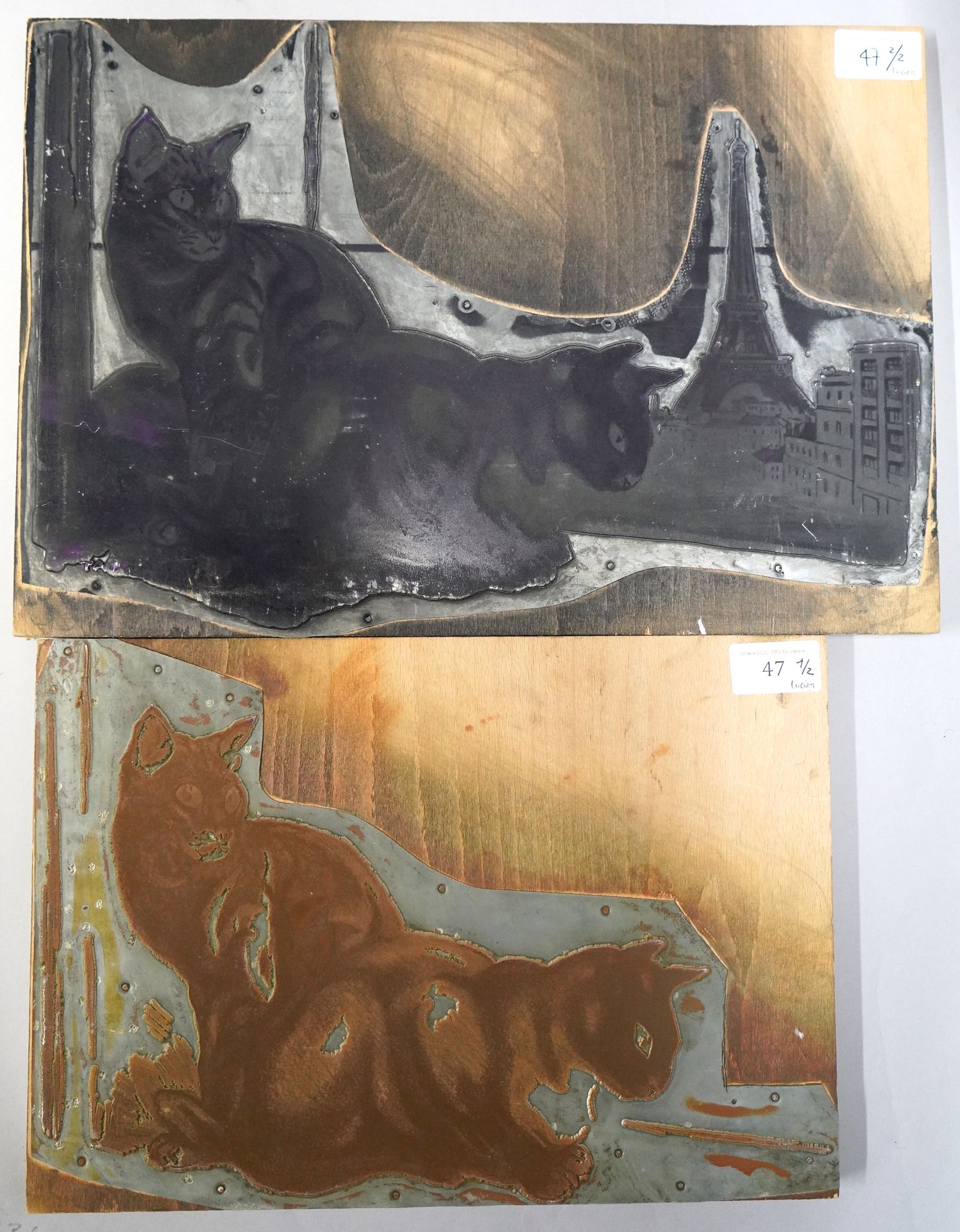 Null 安德烈-玛格丽特(1903-1999)

猫、埃菲尔铁塔和两只猫

两张锌版画的矩阵。

一幅有签名，钉在木头上。

26.5 x 38.7厘米和23&hellip;