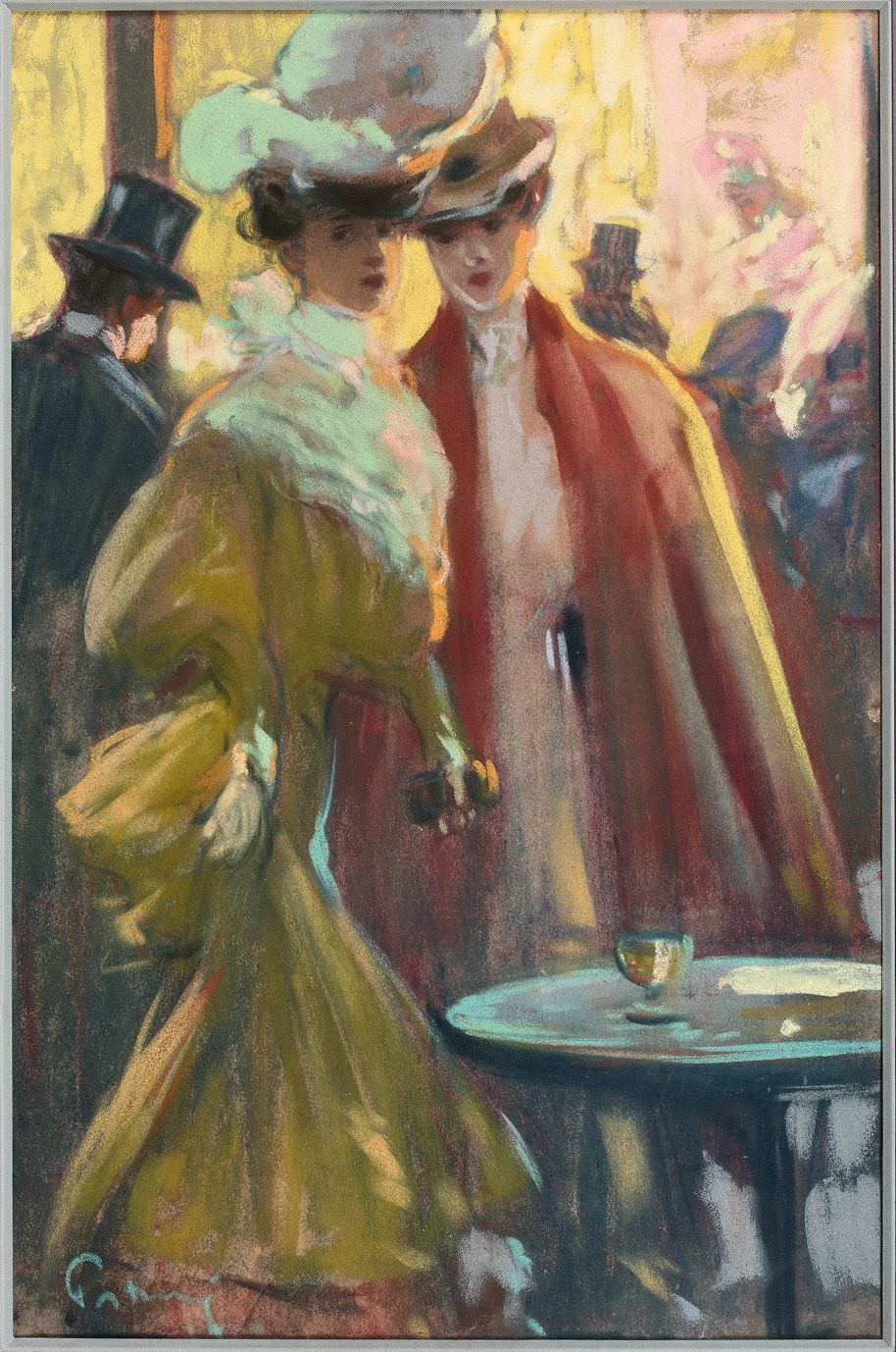 Null 20世纪初法国学校

巴黎，咖啡馆里的优雅女性，夜晚

纸上粉笔画，签名（难以辨认

并在左下方注明日期。

47 x 31厘米。