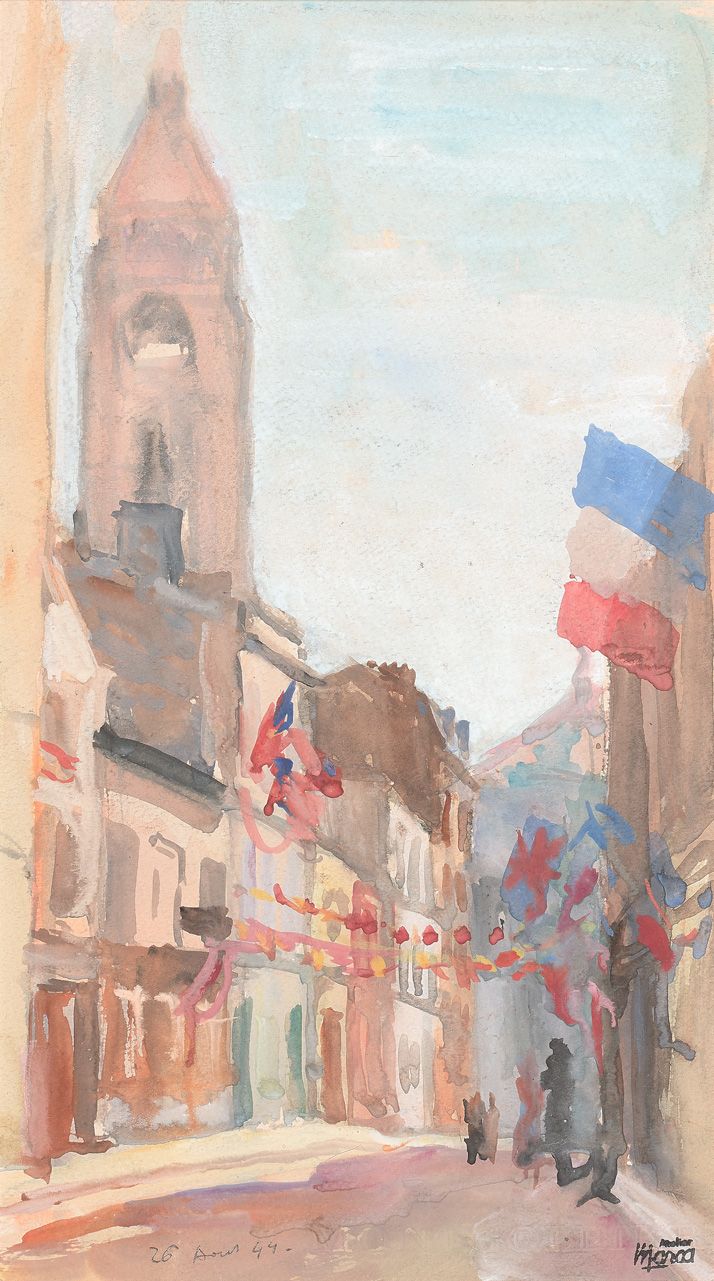 Null 勒内-埃马纽埃尔-马尔卡(1893-1962)

1944年8月26日，巴黎，蒙马特街铺面。

纸上水彩，左下角用铅笔注明日期。

右下角的工作室印章&hellip;