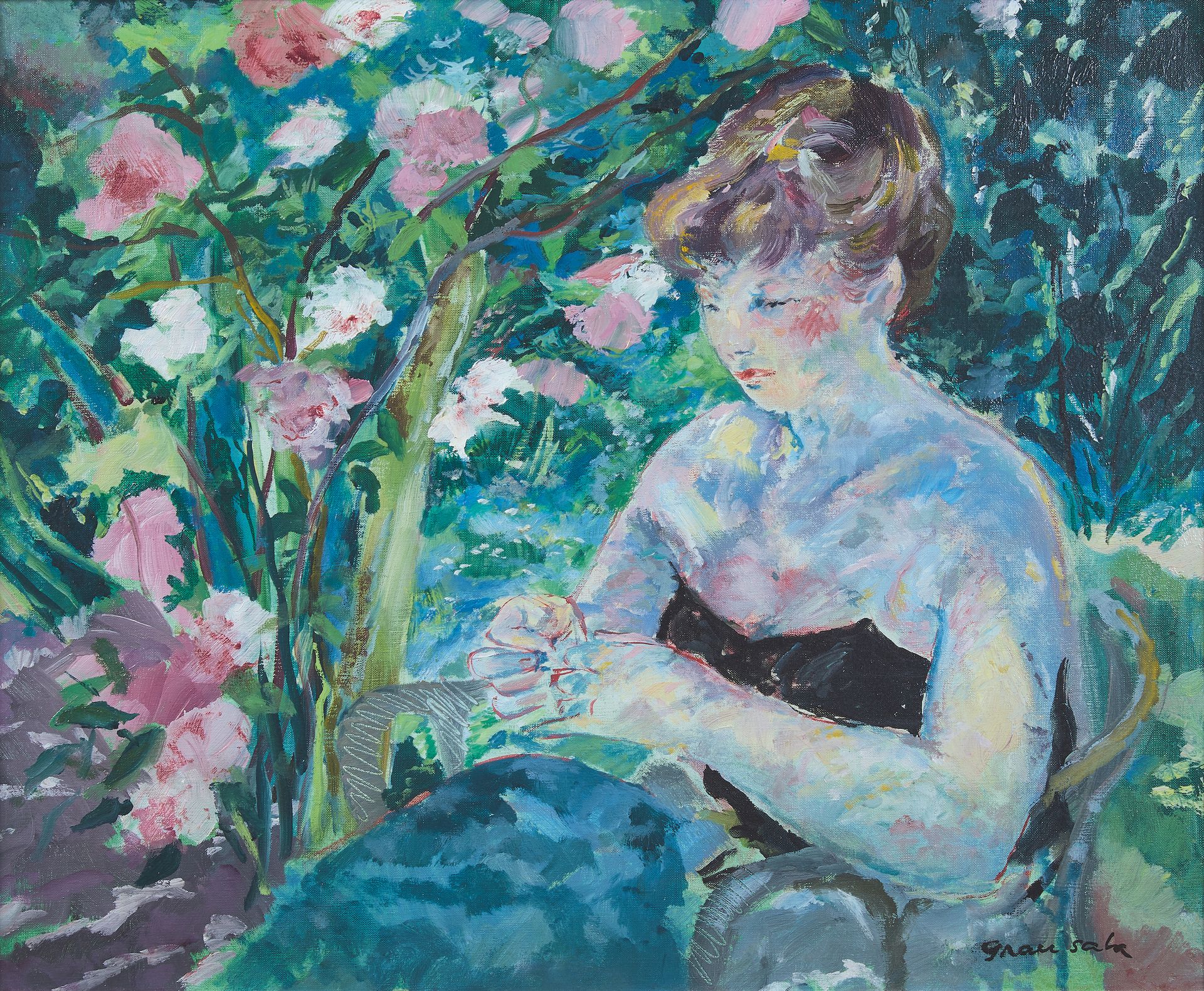 Emilio Grau Sala (1911-1975) 在花园里缝衣服的女人
布面油画，右下角有签名。
50 x 61 cm。
物证。
.收集R.，巴黎。