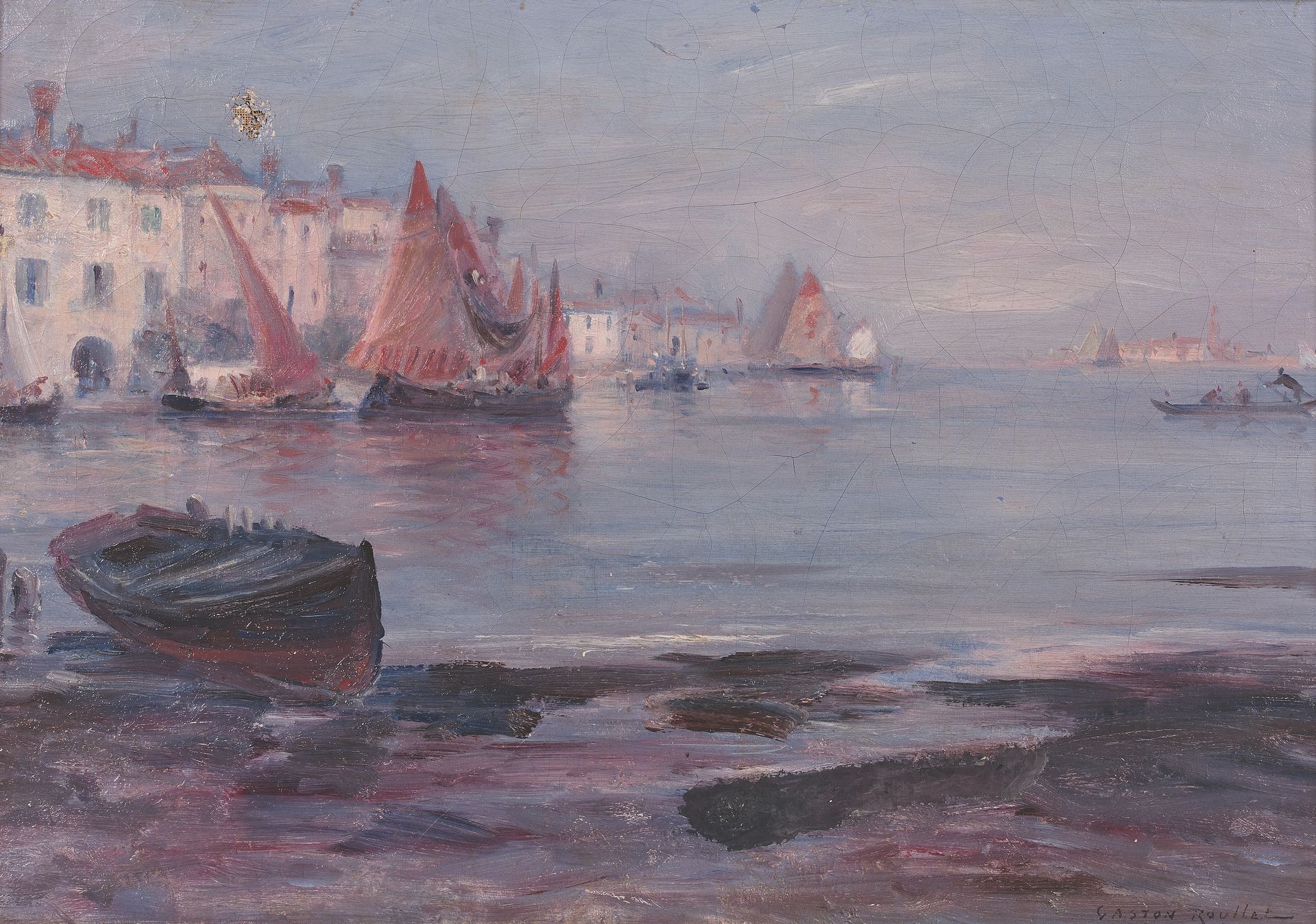 Gaston ROULLET (1847-1925) 威尼斯泻湖中的帆船
布面油画，右下角签名。
32.5 cm x 46 cm。
孔洞、修复和裂缝。
出处。
&hellip;