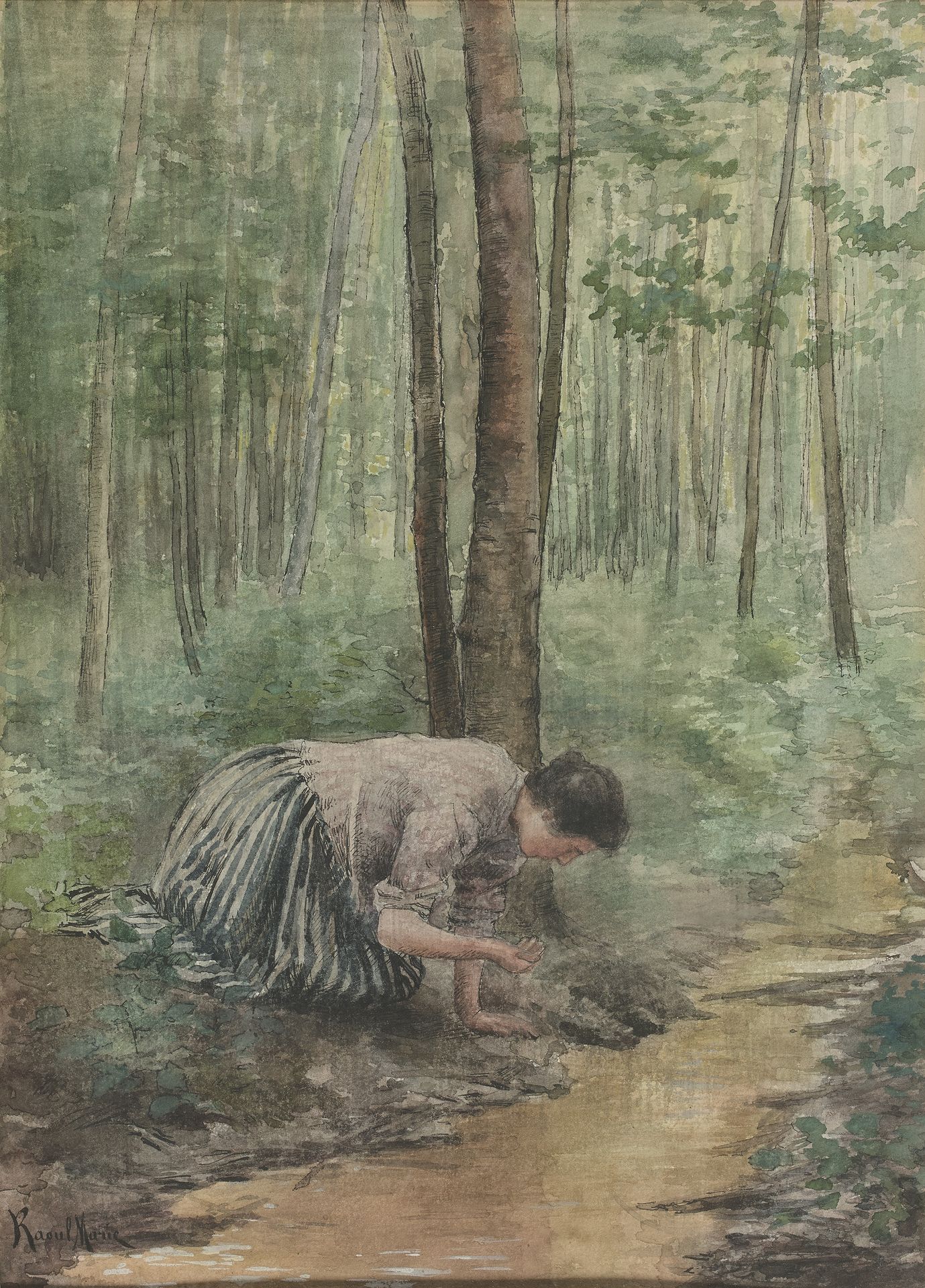 RAOUL MARIE (né en 1850) 
Mujer en el río saciando su sed
Acuarela sobre trazos &hellip;