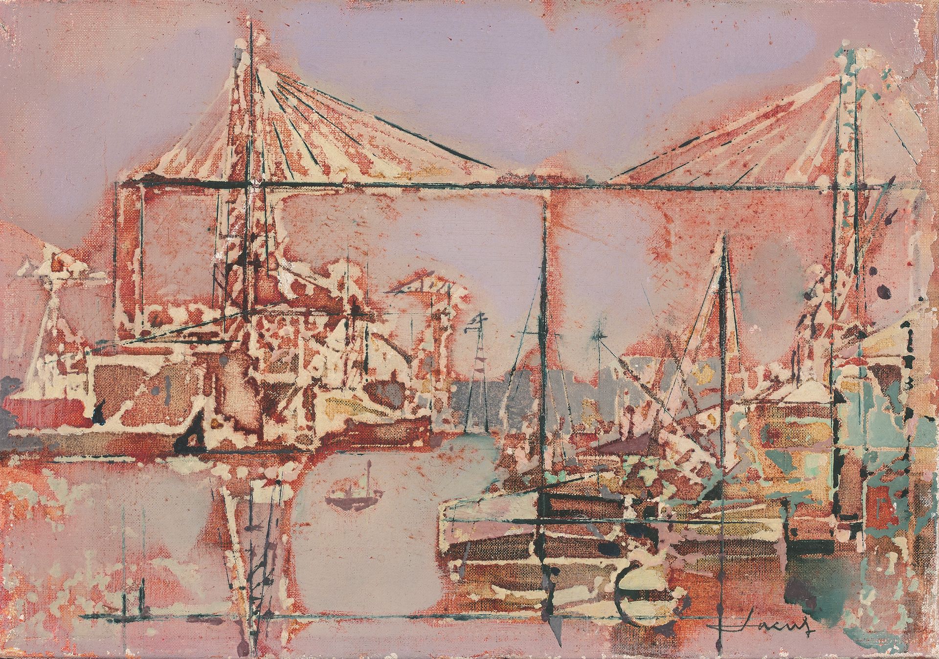 Jean Théobald JACUS (né en 1924) 运输桥
布面油画，右下角有签名。
19 x 27 cm。
来源。
.收集F.，巴黎。