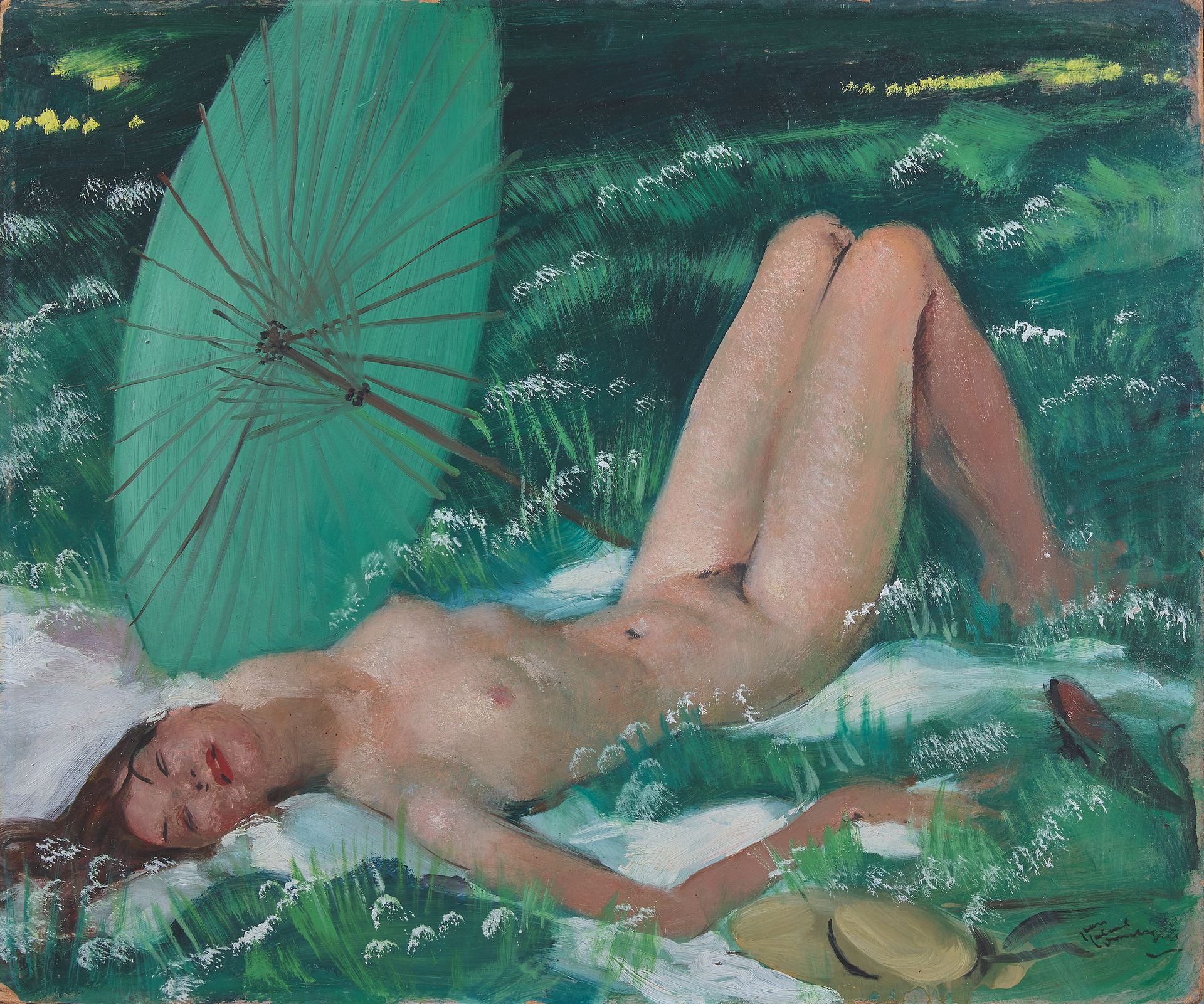 Jean-Gabriel DOMERGUE (1889-1962) 躺着打伞的裸体
面板上的油画，右下角有签名。
46,5 x 55 cm。
四个角上的事故 -&hellip;