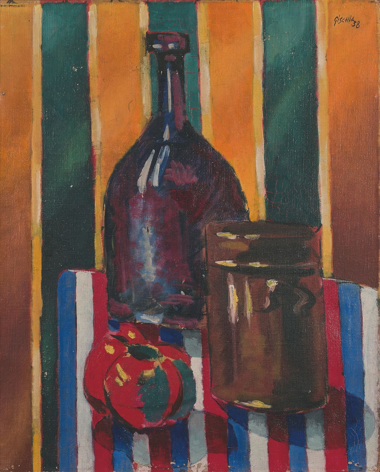Léon GISCHIA (1903-1991) La nappe tricolore, 1938
布面油画，右上方有签名和日期38，背面有标题和编号950。
&hellip;