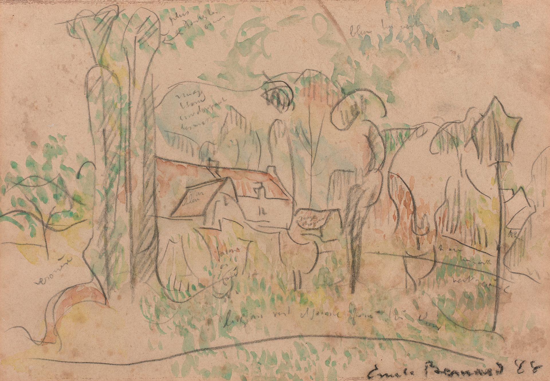 Emile BERNARD (1868-1941) Pont-Aven的风景，1888年
铅笔线上的水彩画，右下方有签名和日期88，并有彩色注释。
19 x 2&hellip;