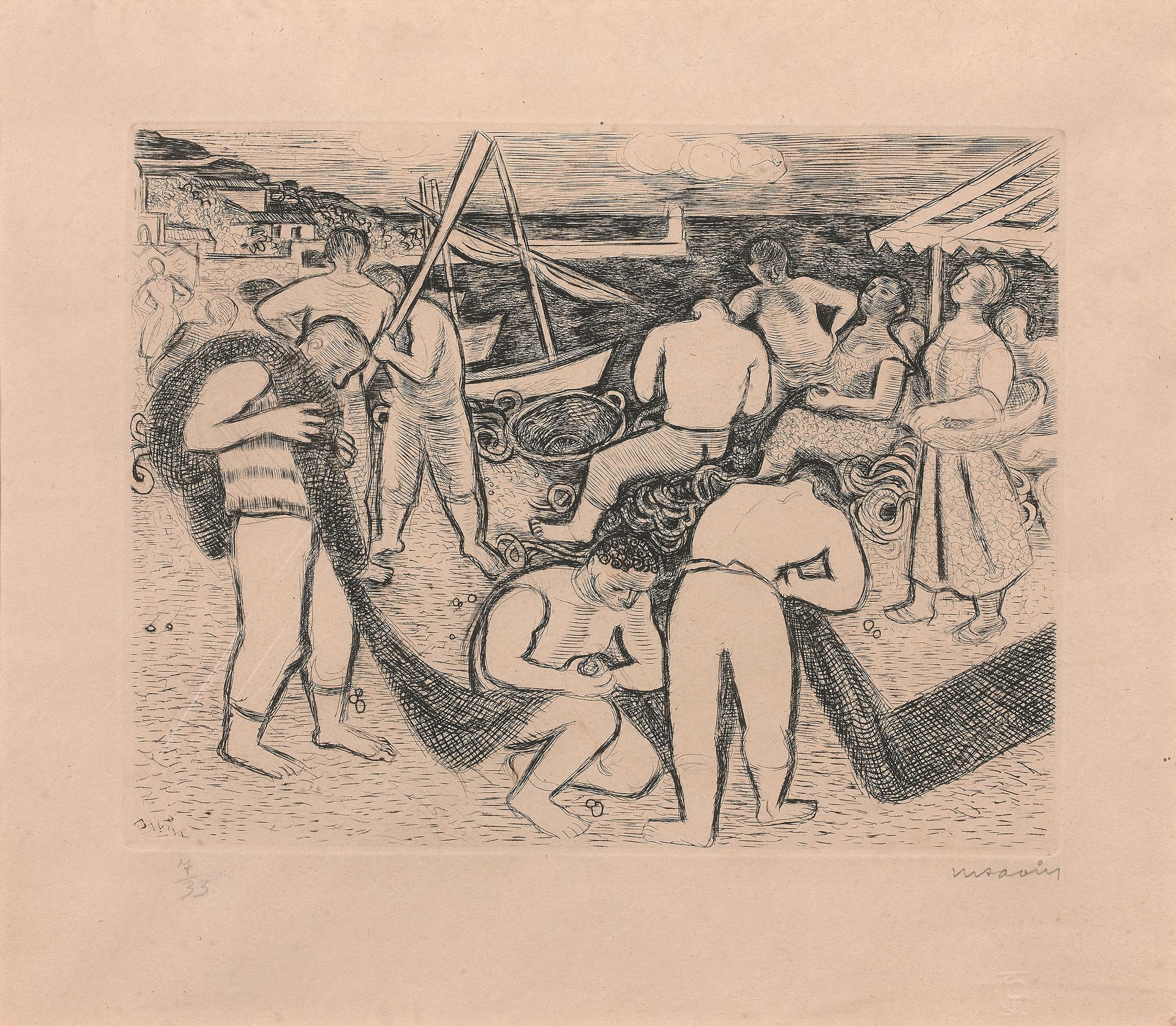 Maurice-Louis SAVIN (1894-1973) 渔民
黑色印刷品，左下角有编号7/33，右下角有签名。
29 x 33.5 cm。
出处。
.J&hellip;