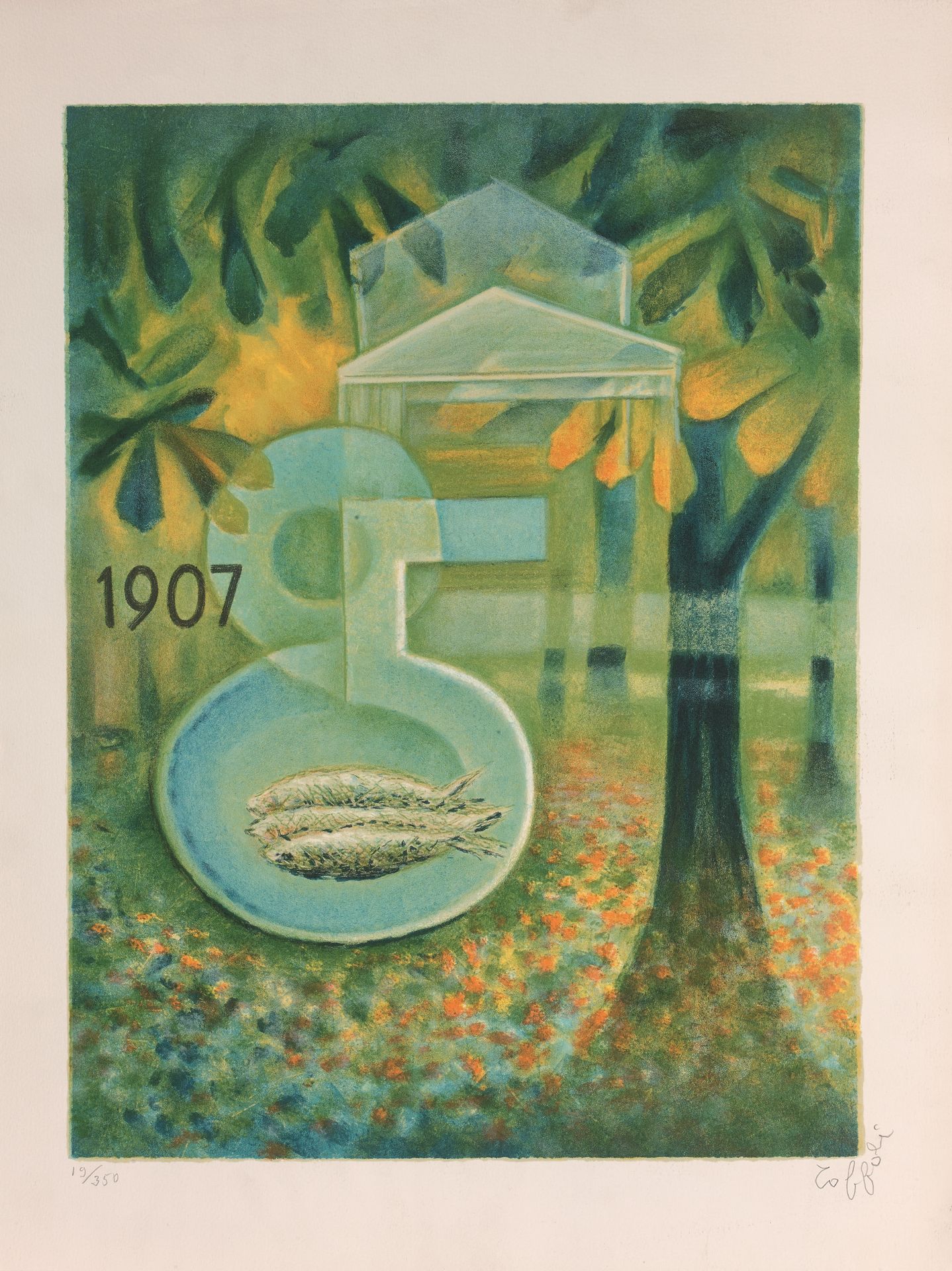 Louis TOFFOLI (1907-1999) 带鱼盘的构图
彩色石版画，右下角有签名，左下角有编号19/350。
版面上有1907年的题字。
65 x 5&hellip;