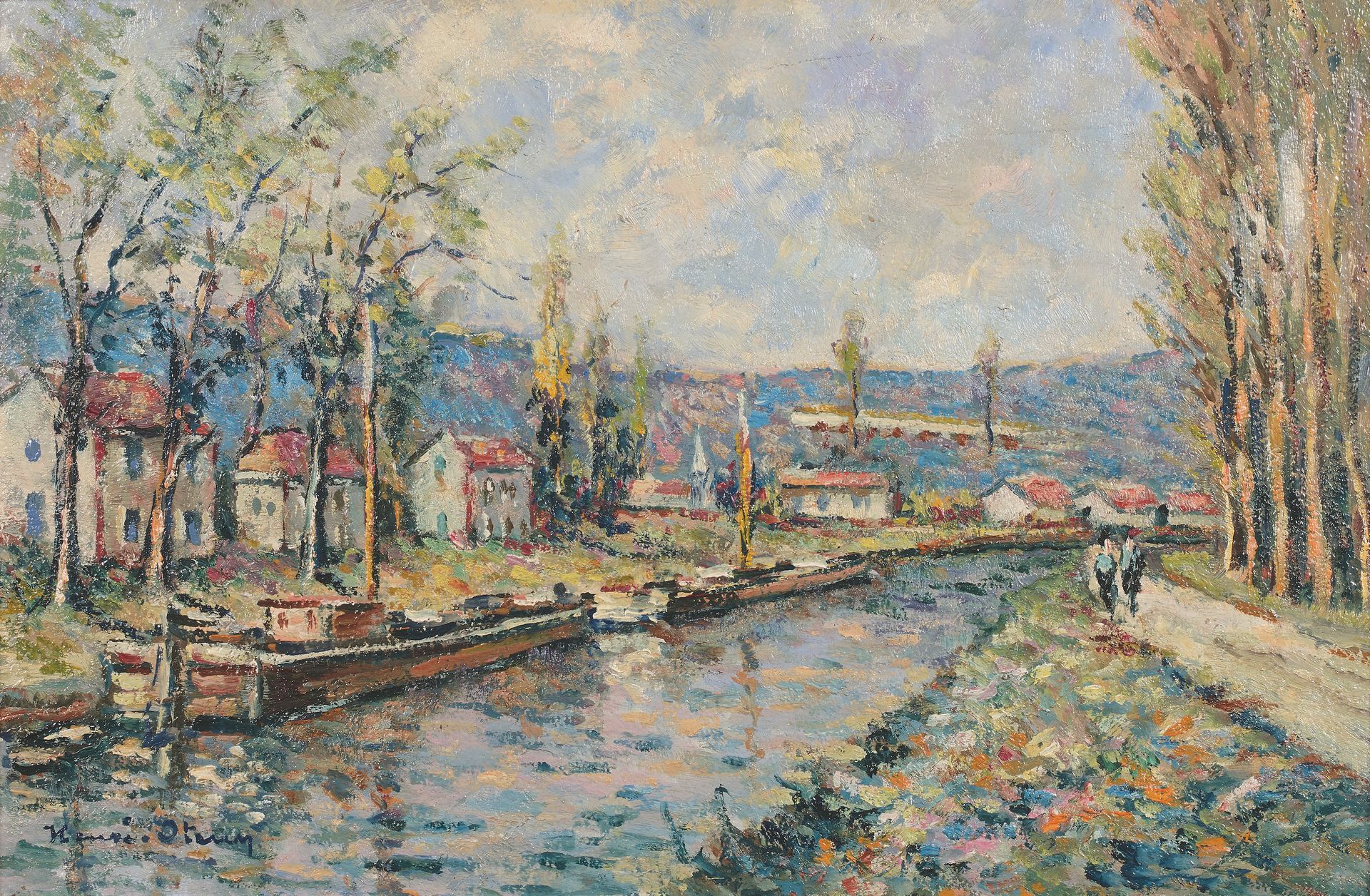 École française du début du XXe siècle Barges on a river
Oil on isorel, signed l&hellip;