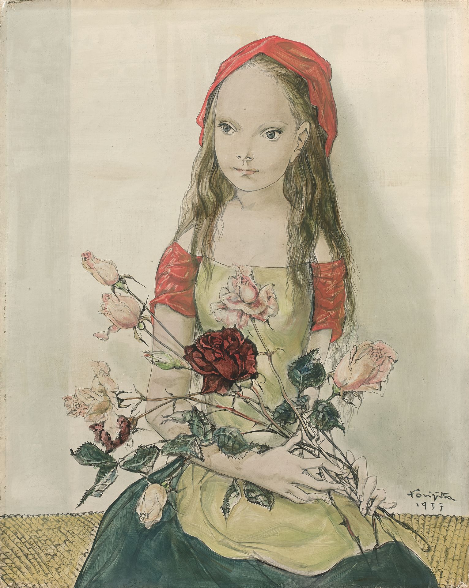 Leonard Tsuguharu FOUJITA (1886-1968) 年轻女孩与玫瑰花，1957年
布面油画和混合媒体，右下角有签名和日期，重新签名，重新&hellip;