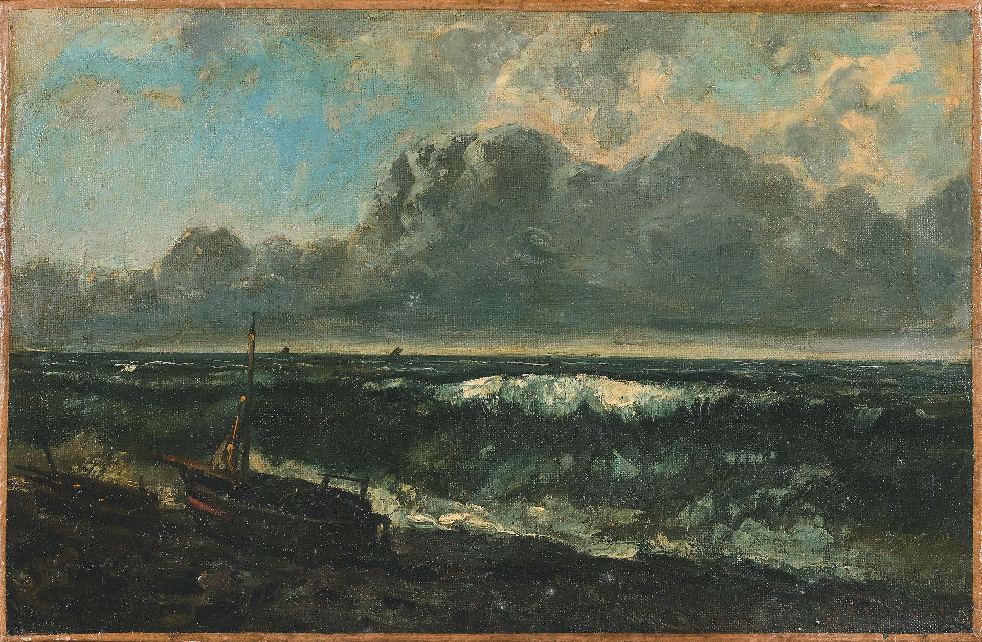 ÉCOLE DU XIXe SIÈCLE dans le goût de Gustave COURBET 波浪
布面油画，右下角签名。
27 x 41 cm。
&hellip;
