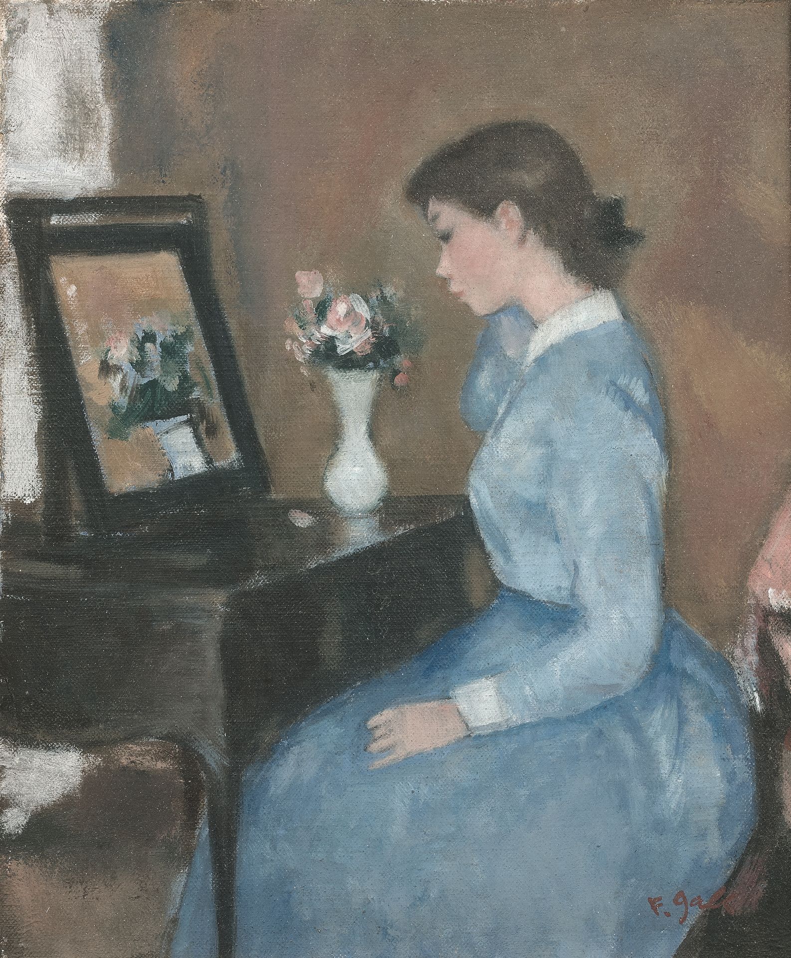 François GALL (1912-1987) 拿着镜子的年轻女人
布面油画，右下角有签名。
26.2 x 21.1 cm。
来源。
 。收集A.，巴黎。