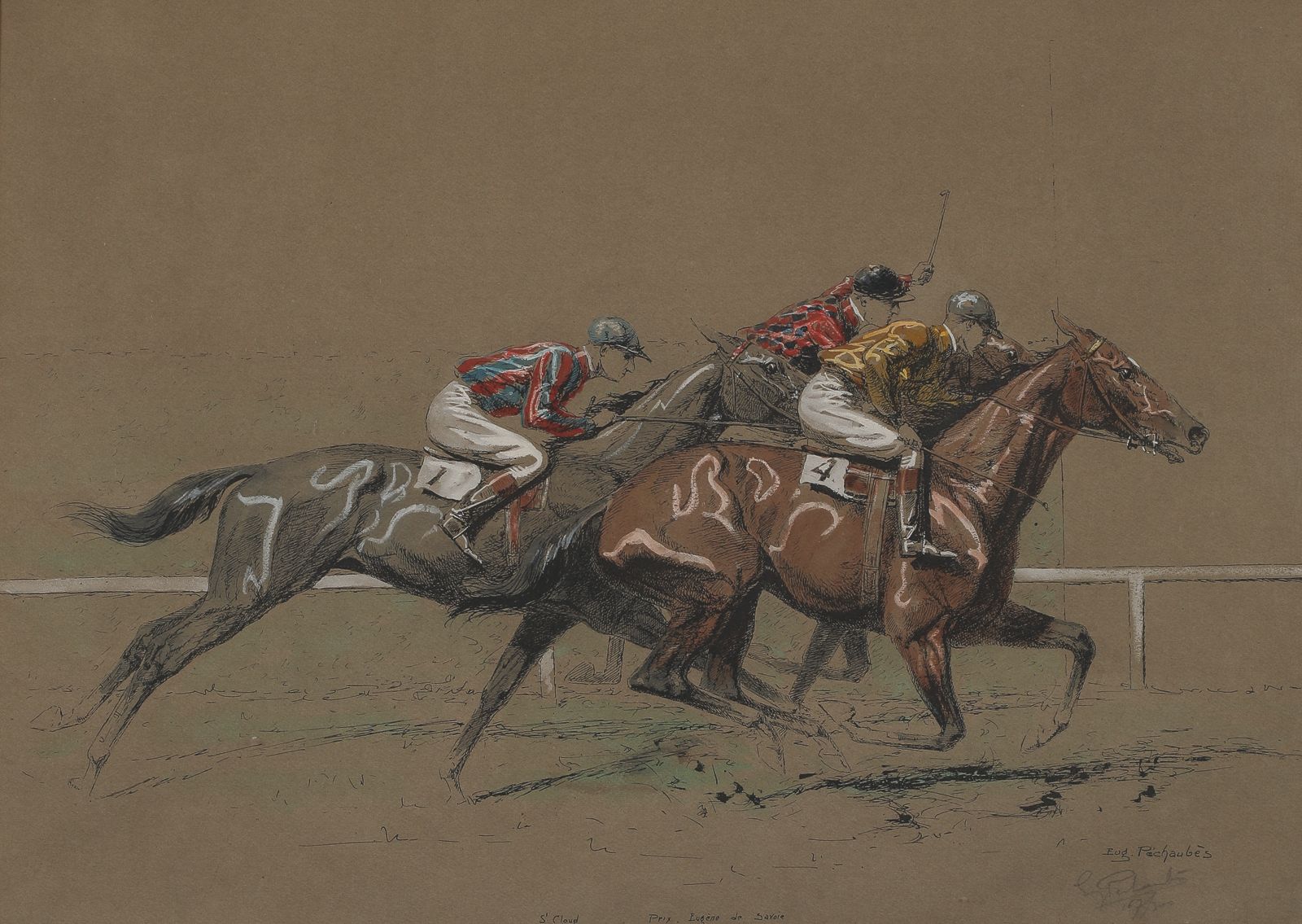 Null 欧仁-佩肖伯（1890-1967）。赛马，Eugène de Savoie奖，St-Cloud石版画，水彩画增强，右下角有签名和编号167/300。S&hellip;