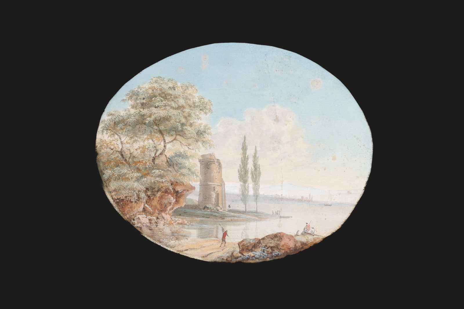 Null LAZARE BRUANDET (1755-1804). 
Animated lake landscape. 
Gouache over black &hellip;