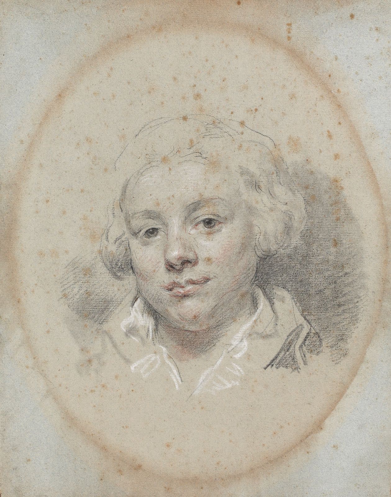 Null 18世纪法国学校。 
一个年轻男子的肖像。 
纸上三支铅笔，原为蓝色，已模糊不清。
在装裱的背面曾归属于Hoin，注有Melle Boulliard。&hellip;