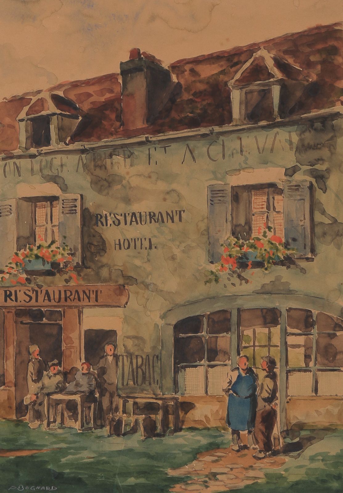 Null AUGUSTE-LUCIEN BOGNARD（19-20世纪）。一家餐厅前的热闹场景。水彩画，左下方有签名。
48.5 x 33厘米。
褪色。