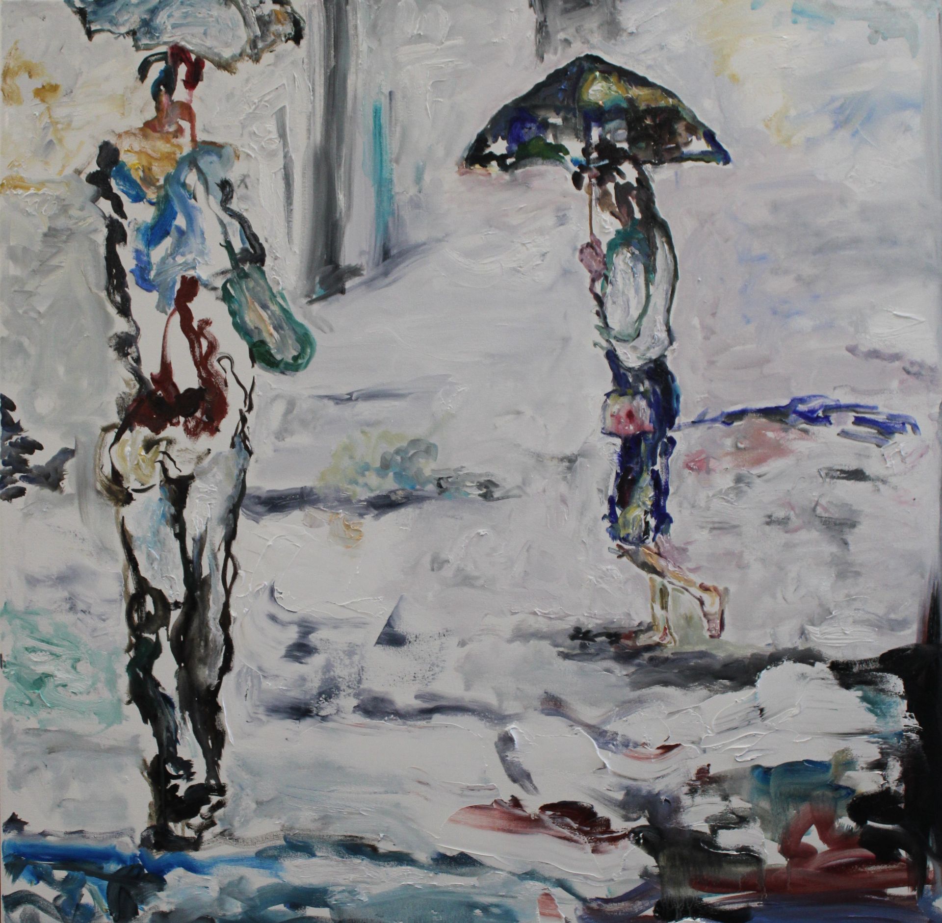 Karen FINKELSTEIN. Riparo dalla pioggia, 2022. Olio su tela, 100 x 100 cm.
