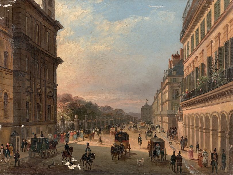 Ecole FRANCAISE, circa 1830 Rue de Rivoli animée, à l'angle de la place Rivoli (&hellip;