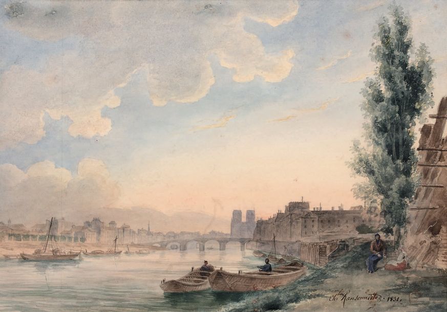 CHARLES NICOLAS RANSONNETTE (1793-1877) Barque sur la Seine, Notre-Dame vue de l&hellip;