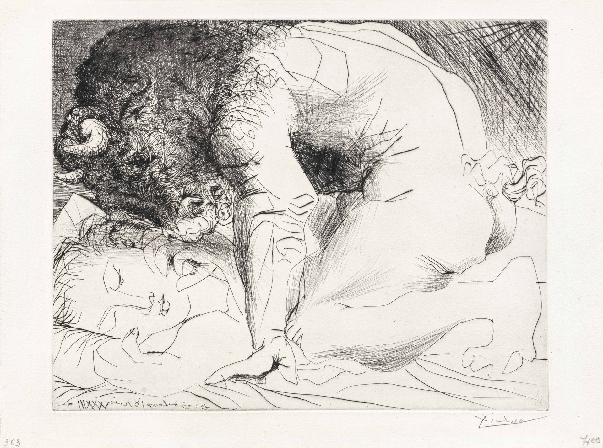 Pablo Picasso 1881–1973 Pablo Picasso 1881-1973 
抚摸睡眠者的牛头人，1933年
卡特纳德拉迪尔(Kaltnad&hellip;