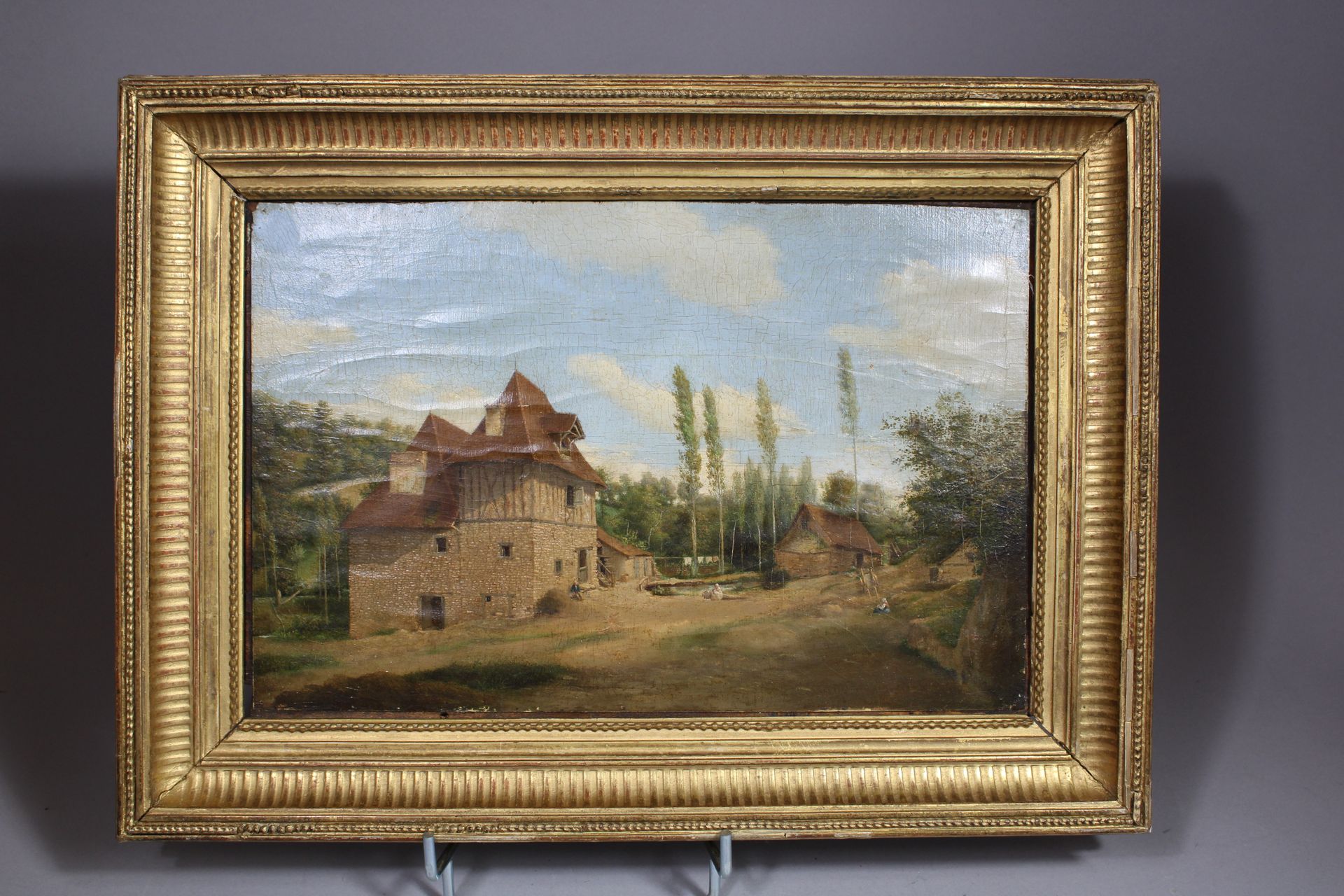 Null 法国学校 19世纪 "有半木结构房屋的风景"，纸上油彩，木头上涂抹（折叠） 23,5x36cms