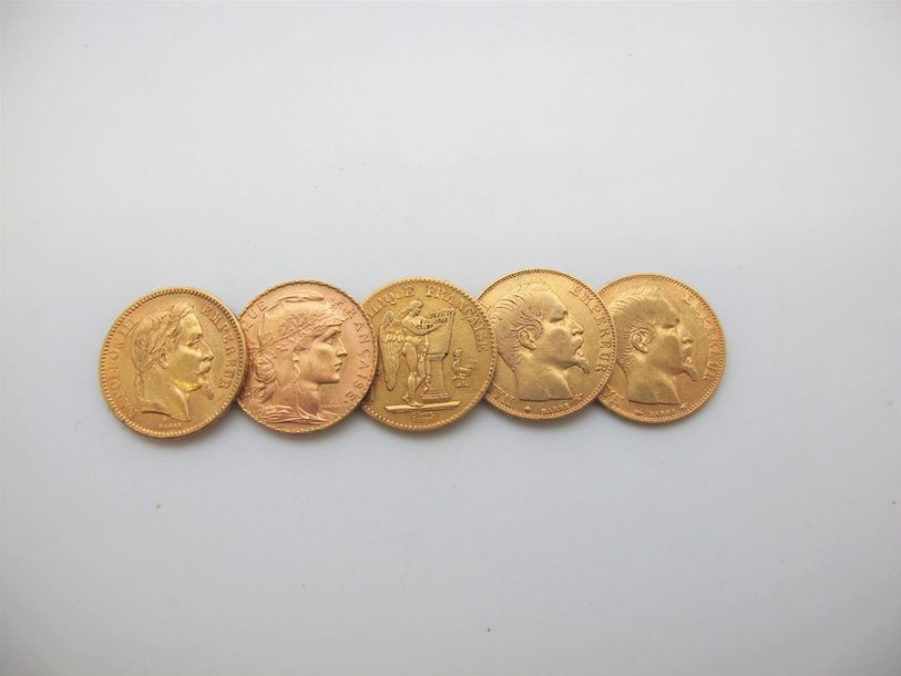 Null Cinq monnaies de 20 francs or, France, de 1849, 1854, 1855, 1866 et 1914. 
&hellip;