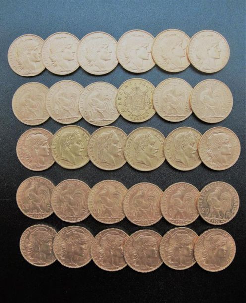 Null FRANCE. 5 pièces de 20 francs or Napoléon III tête laurée, 25 pièces de 20 &hellip;